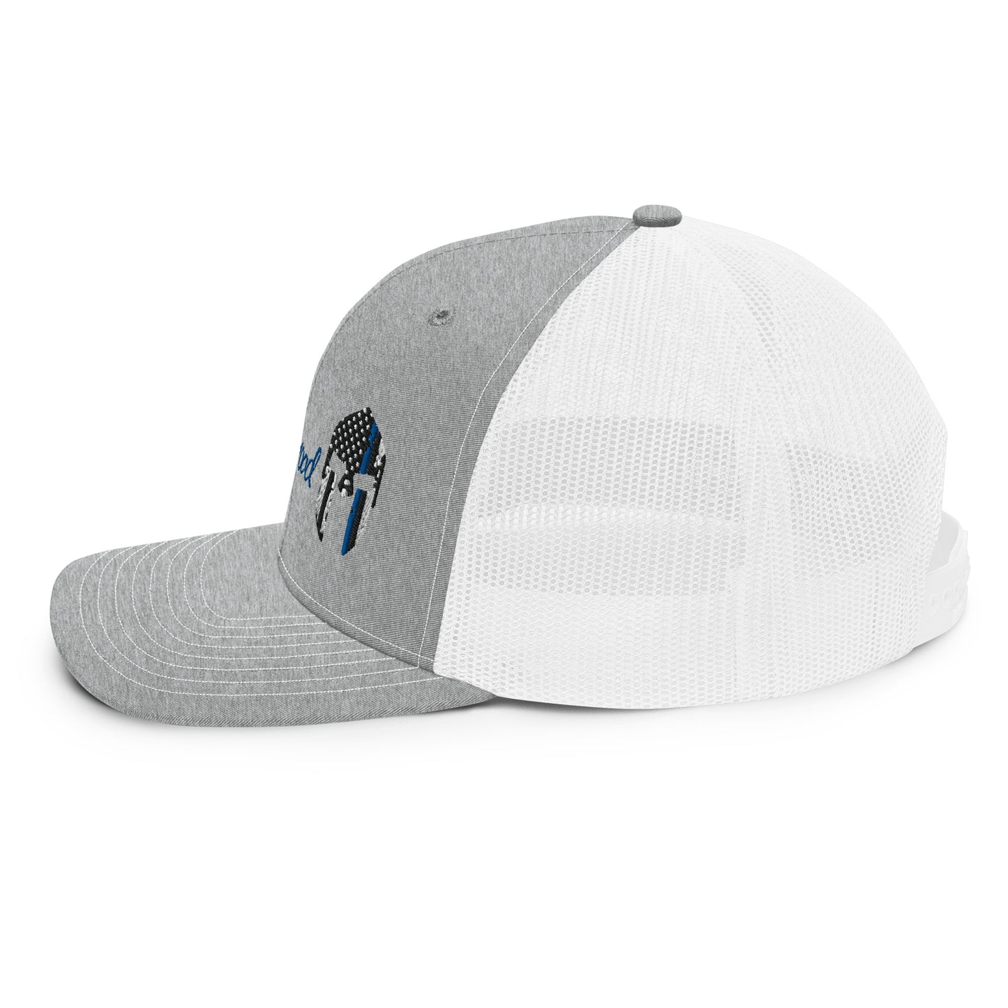 a grey and white hat with a flag on it
