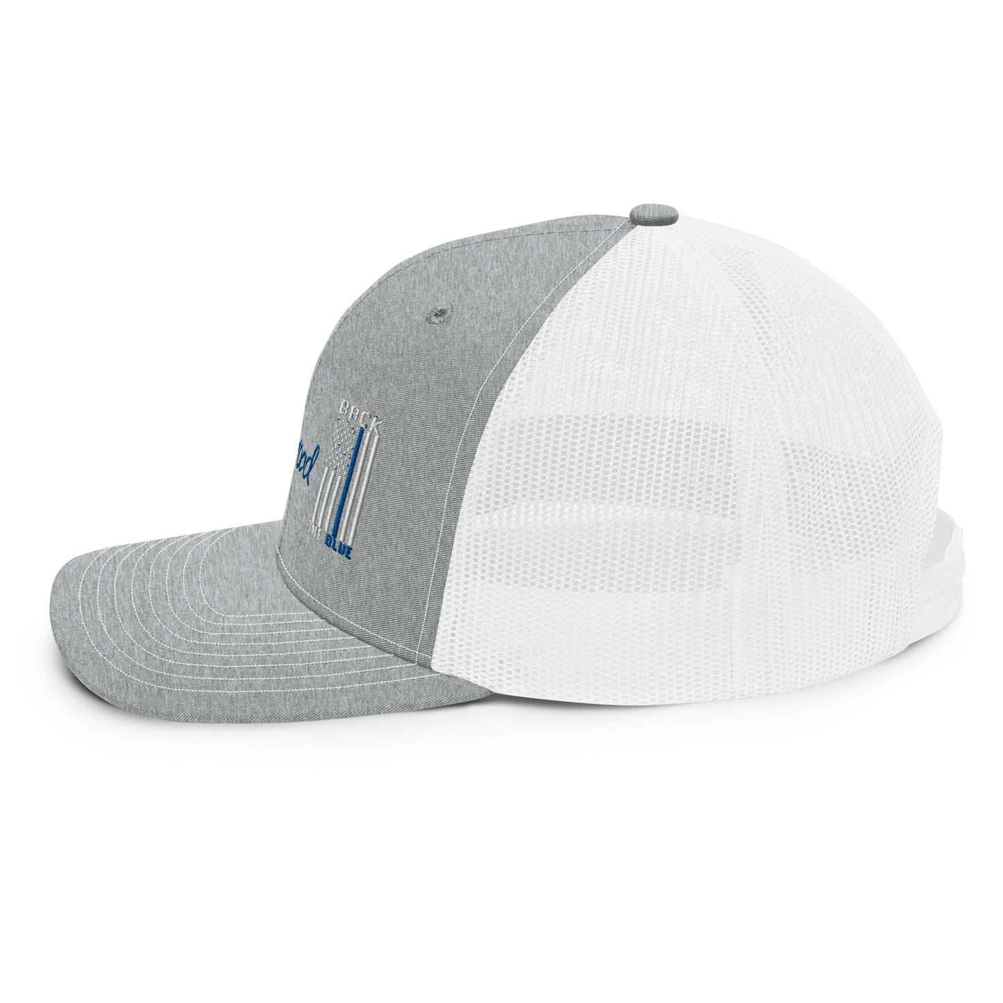 a grey and white hat with a blue stripe