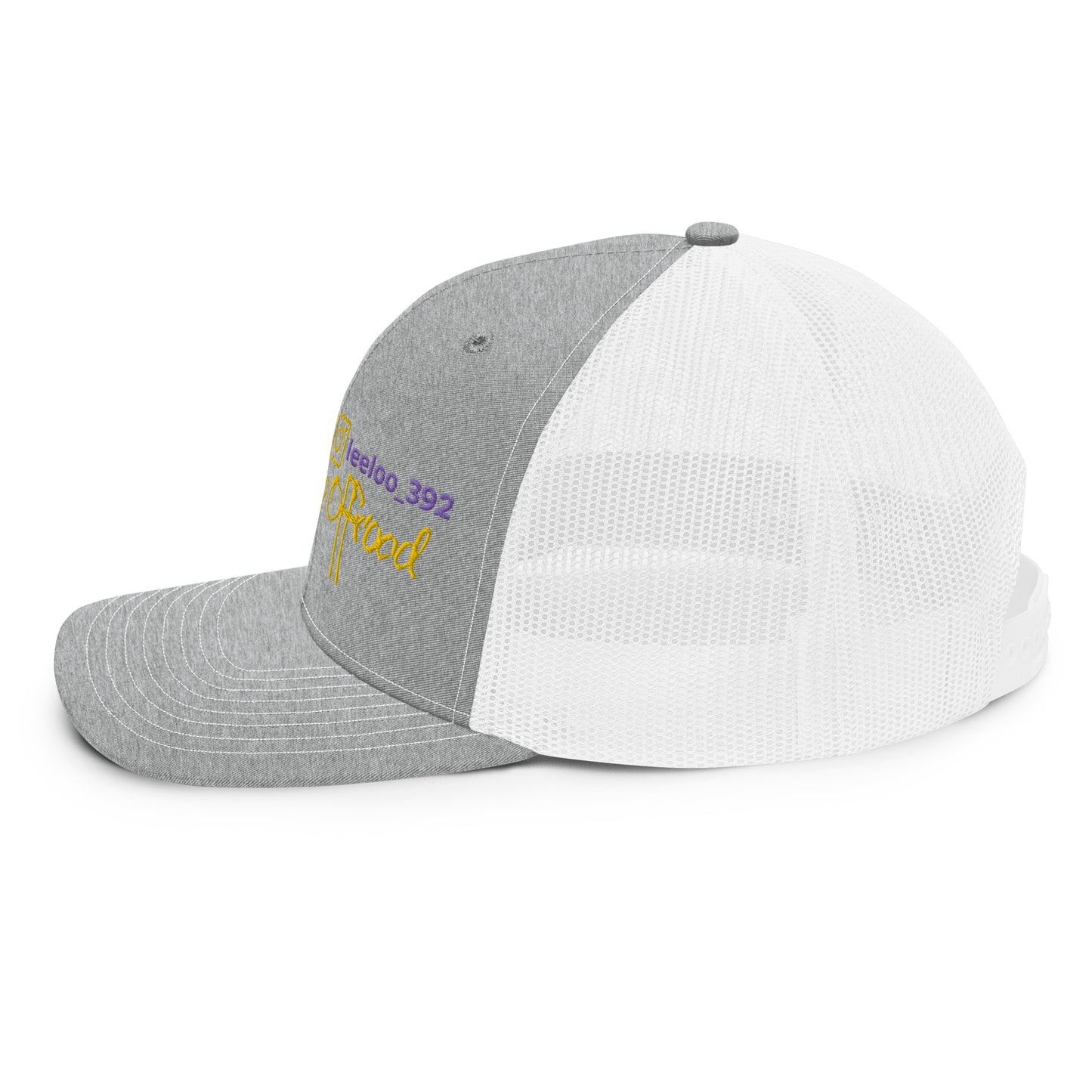 a grey and white hat with a yellow logo