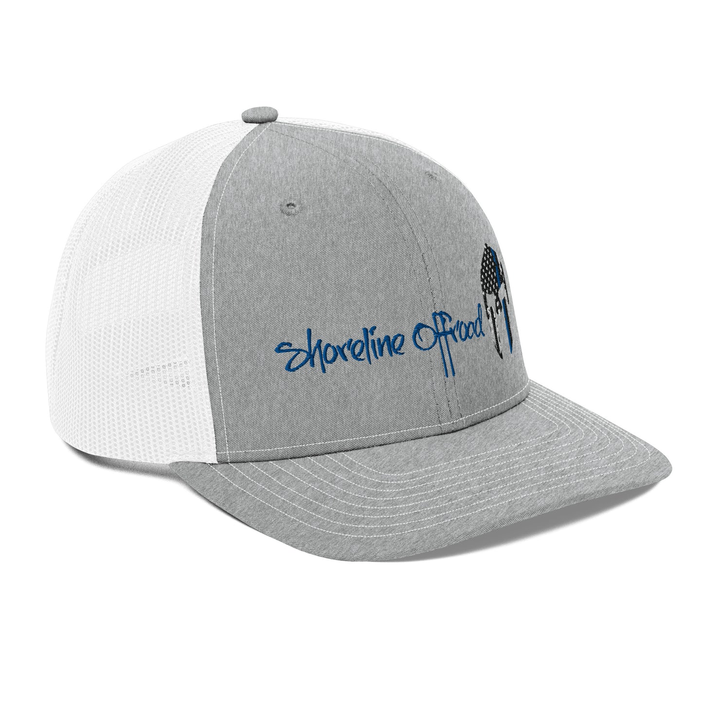 a gray and white hat with a blue logo
