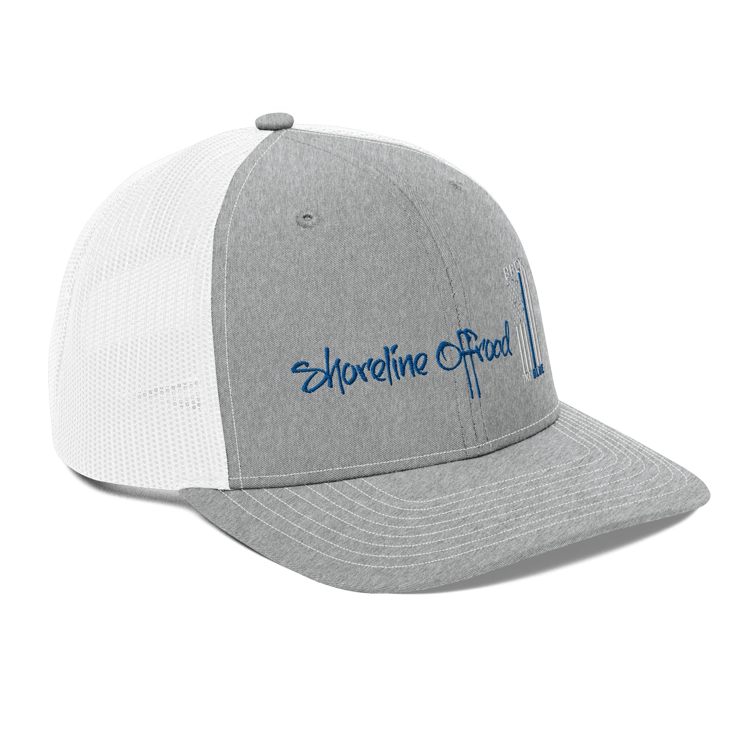 a gray and white trucker hat with a blue embroidered logo