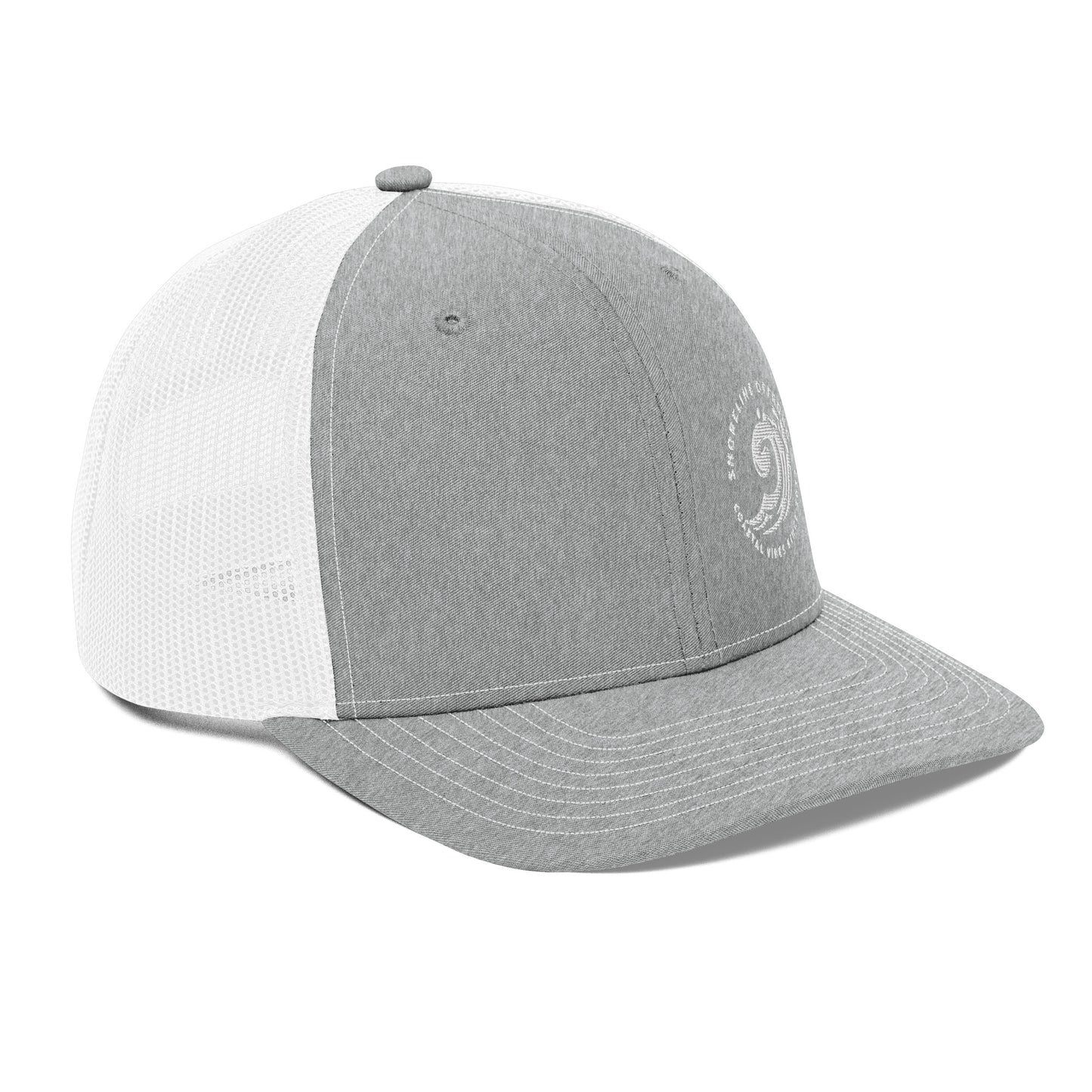 a grey and white hat on a white background
