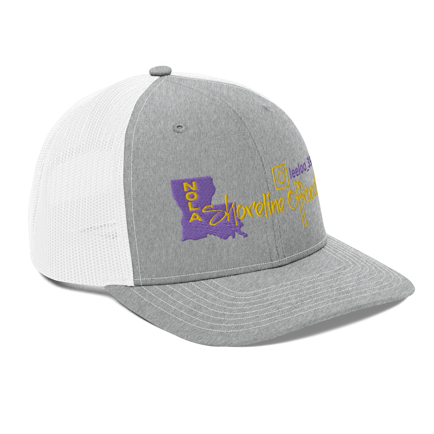 a gray and white hat with a purple and yellow logo