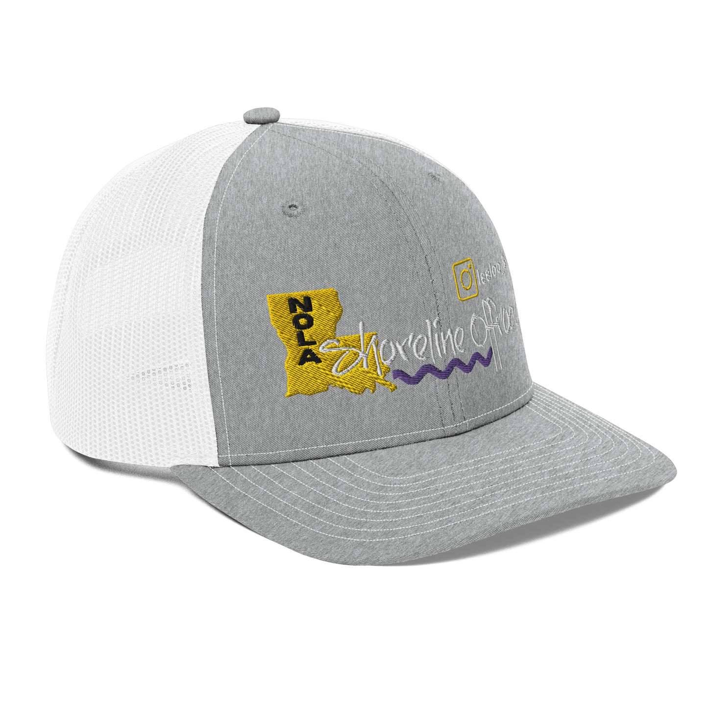 a gray and white trucker hat with the state of minnesota on it