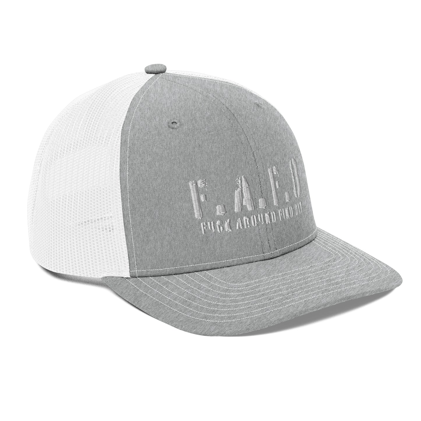 a gray and white trucker hat with the word f a f on it