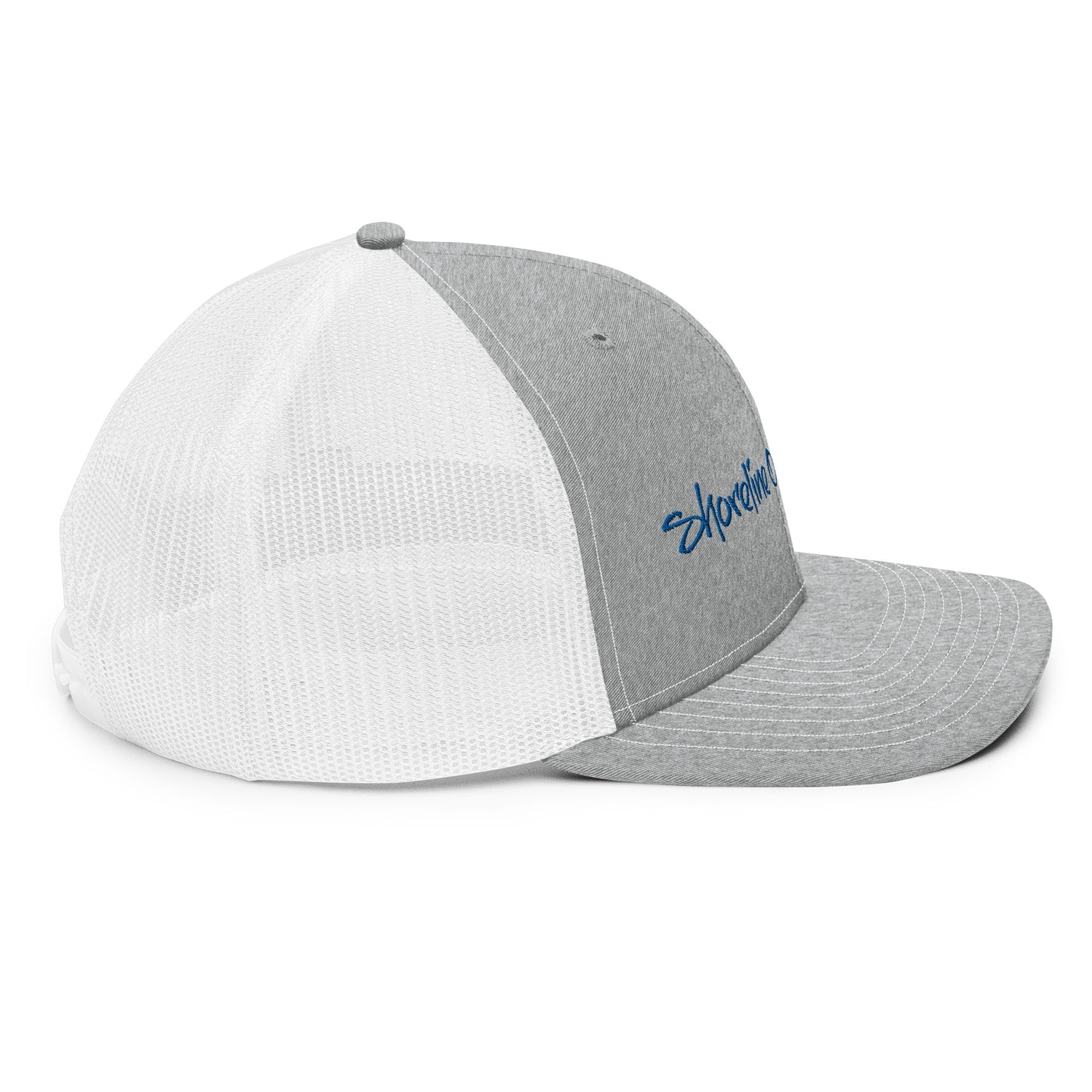 a grey and white hat with a blue logo