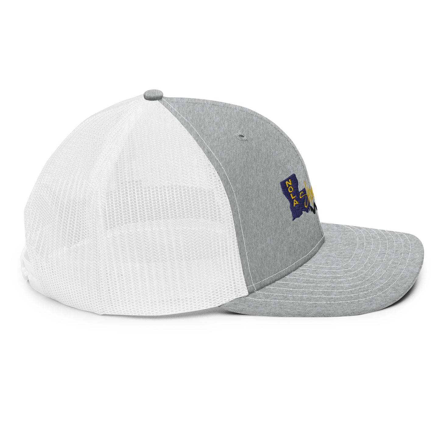 a grey and white hat with a yellow and blue patch