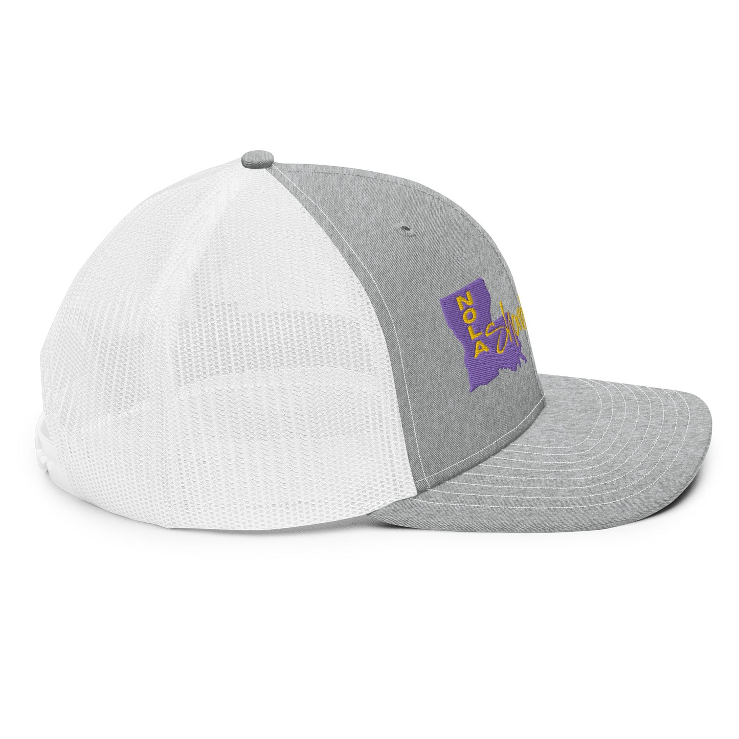 a grey and white hat with a purple logo