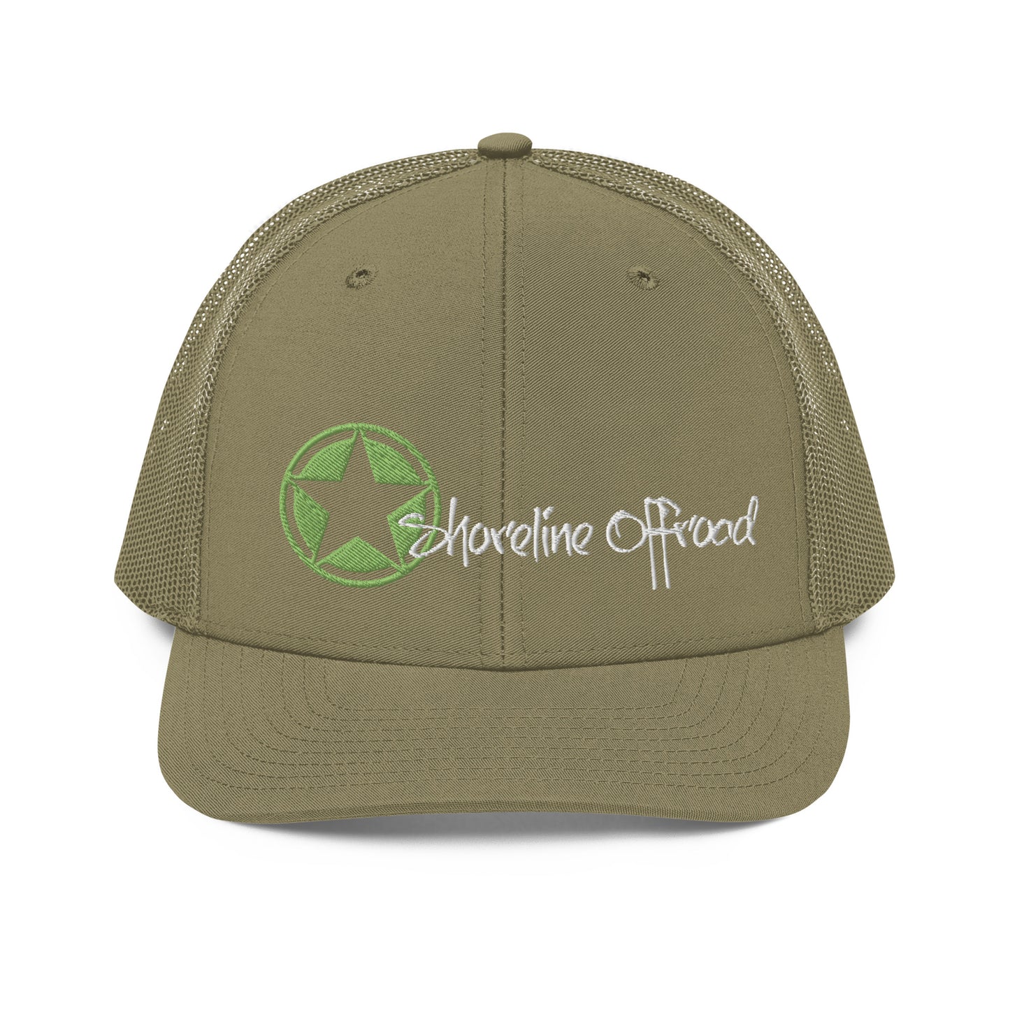 a khaki trucker hat with the words shoreline road on it
