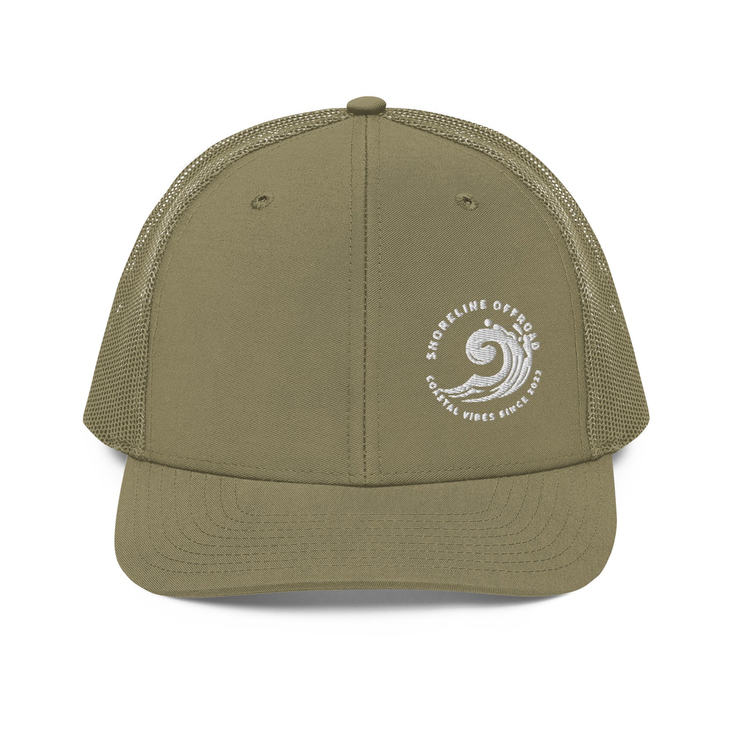 a green trucker hat with a white logo