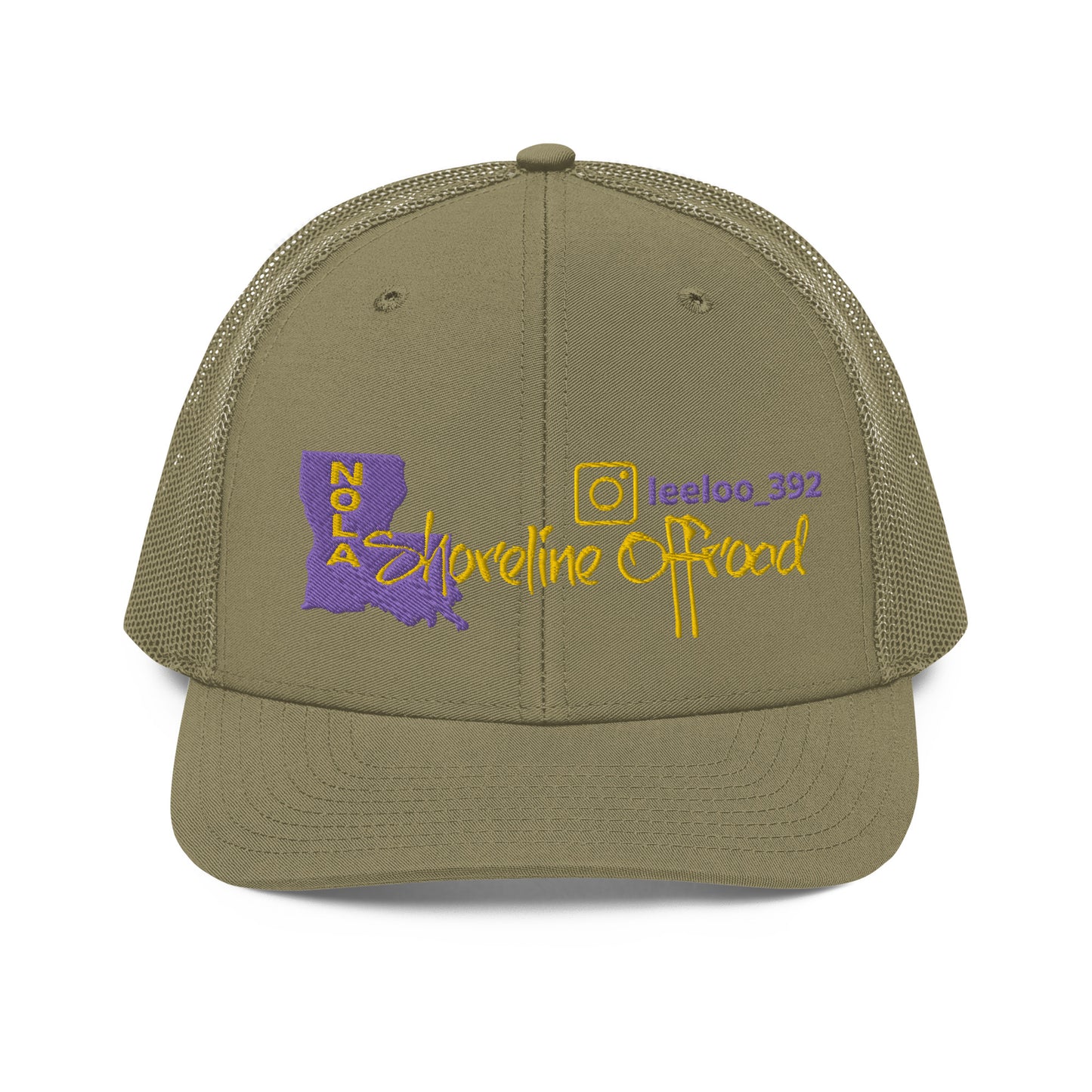 a khaki trucker hat with a purple and yellow logo
