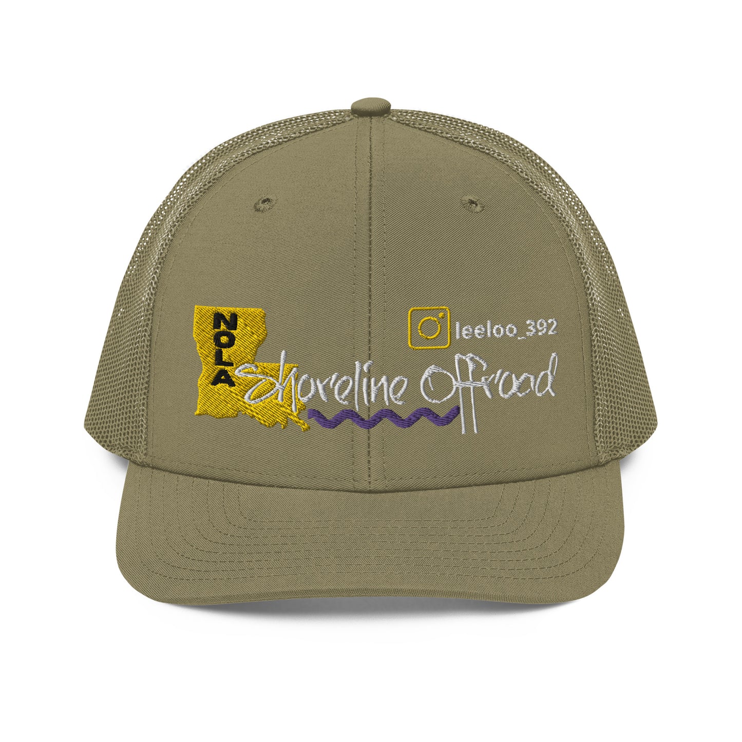 a khaki trucker hat with the state of colorado on it