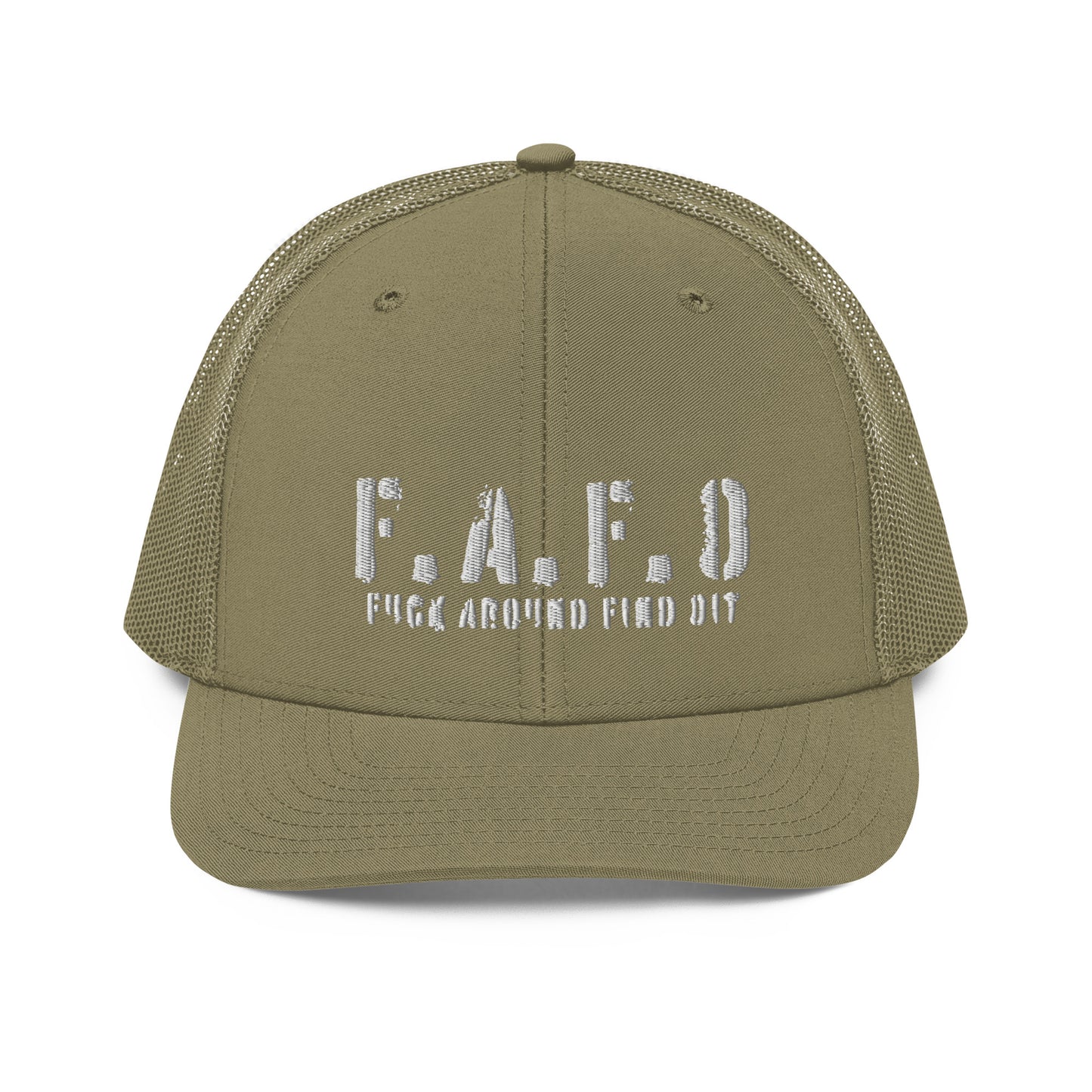 a green trucker hat with the word f a f o on it