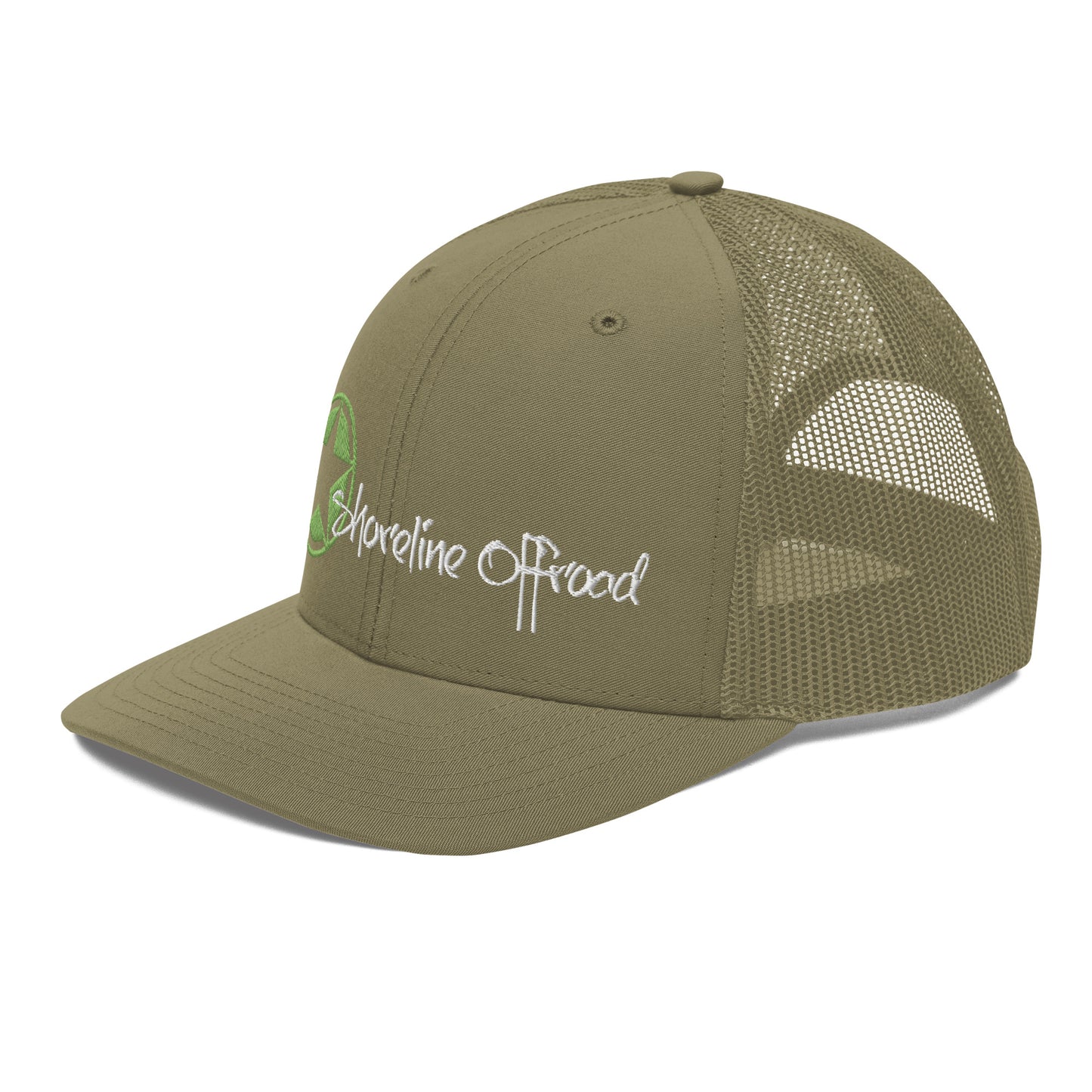 a green trucker hat with a white logo