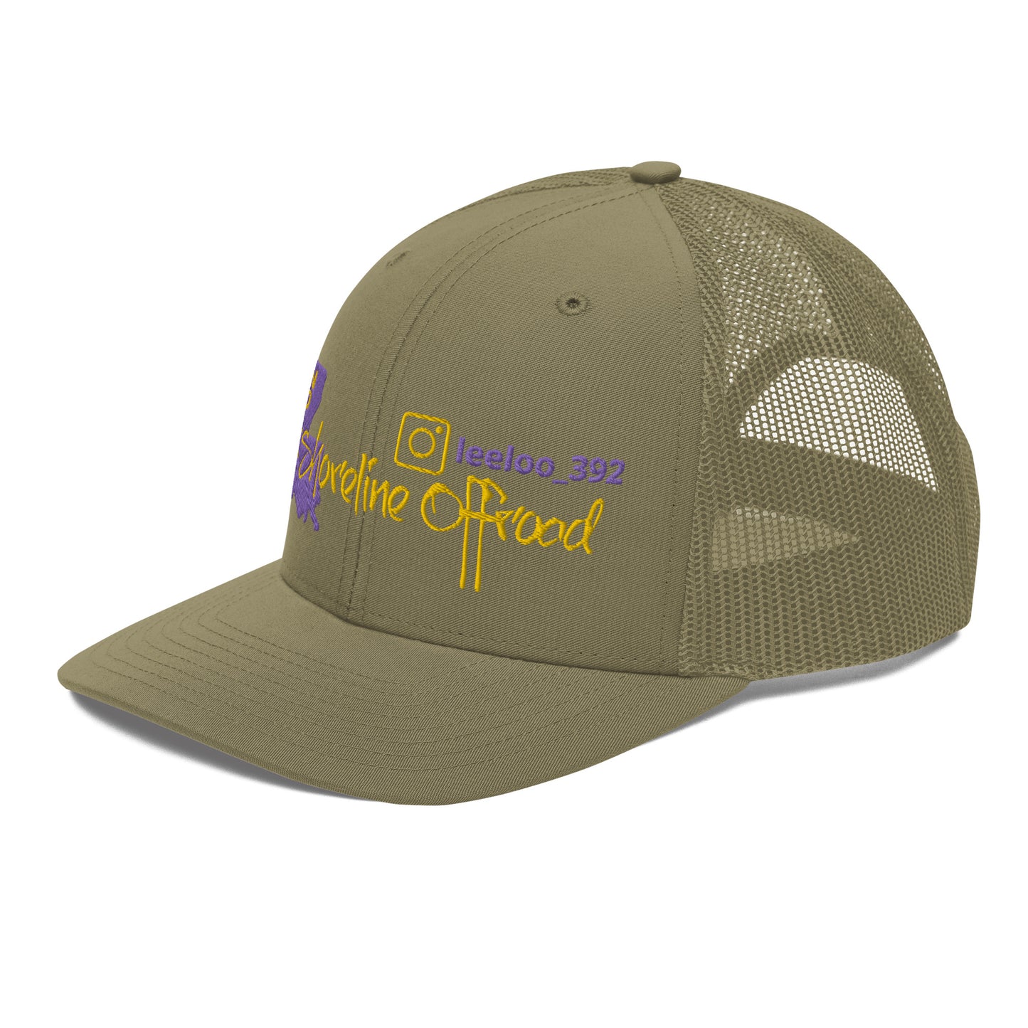 a green trucker hat with a yellow and purple logo