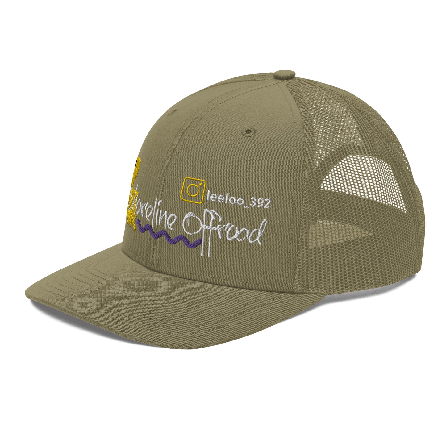 a khaki trucker hat with a yellow and purple logo