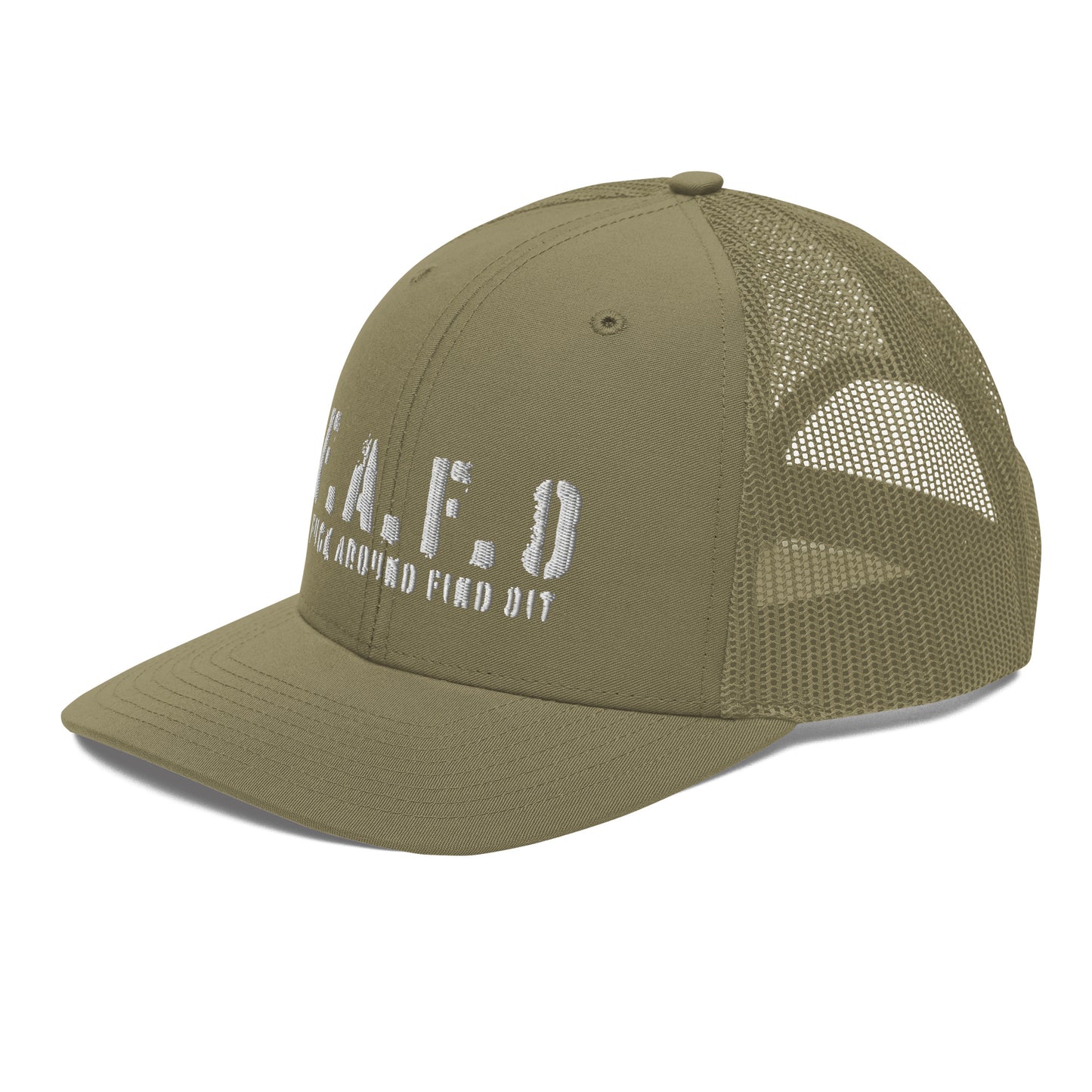 a khaki trucker hat with a white logo