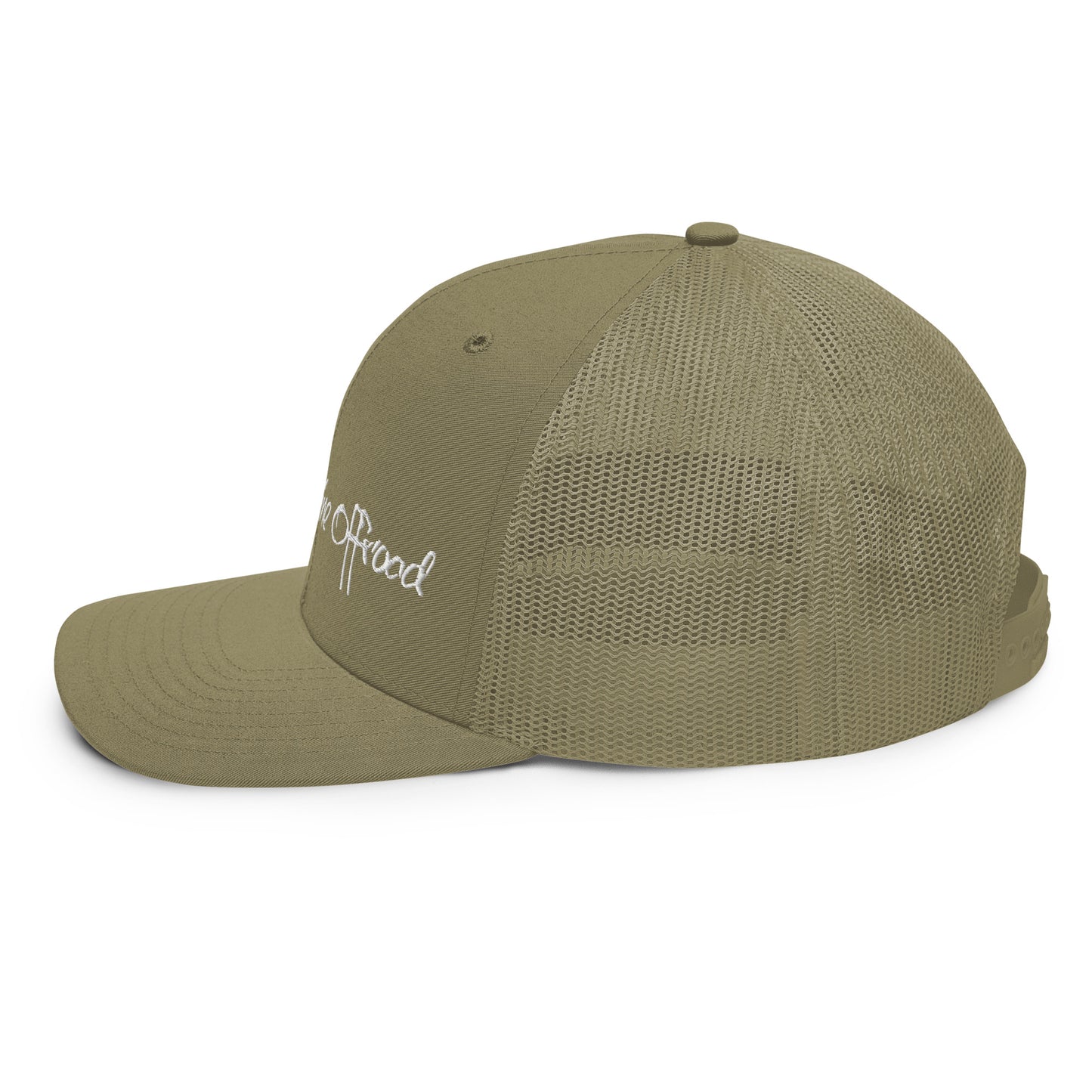 a khaki trucker hat with a white embroidered logo