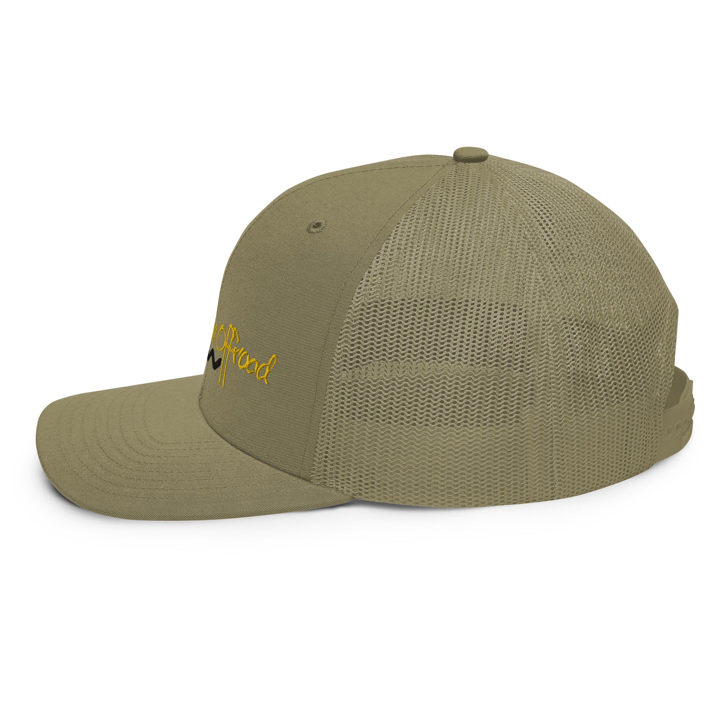 a khaki green hat with a yellow logo