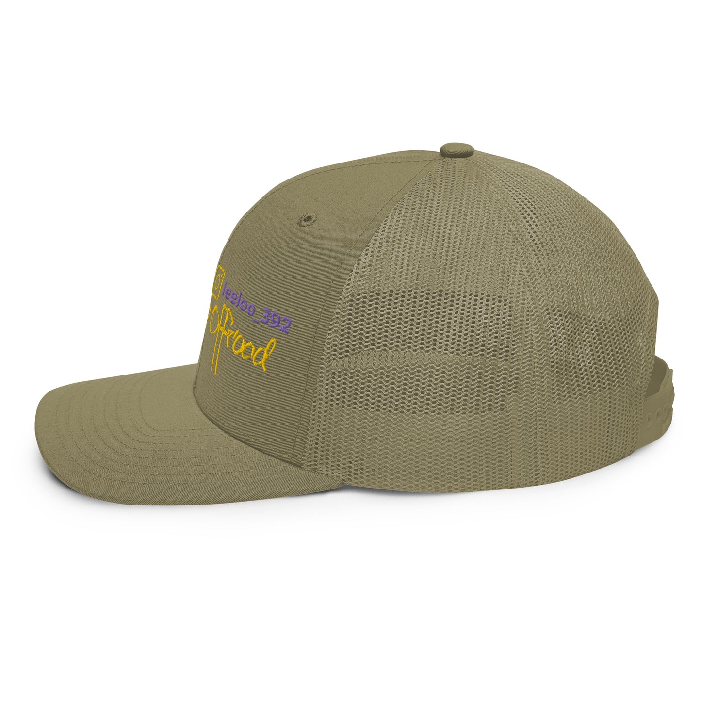 a khaki colored hat with the word good written on it