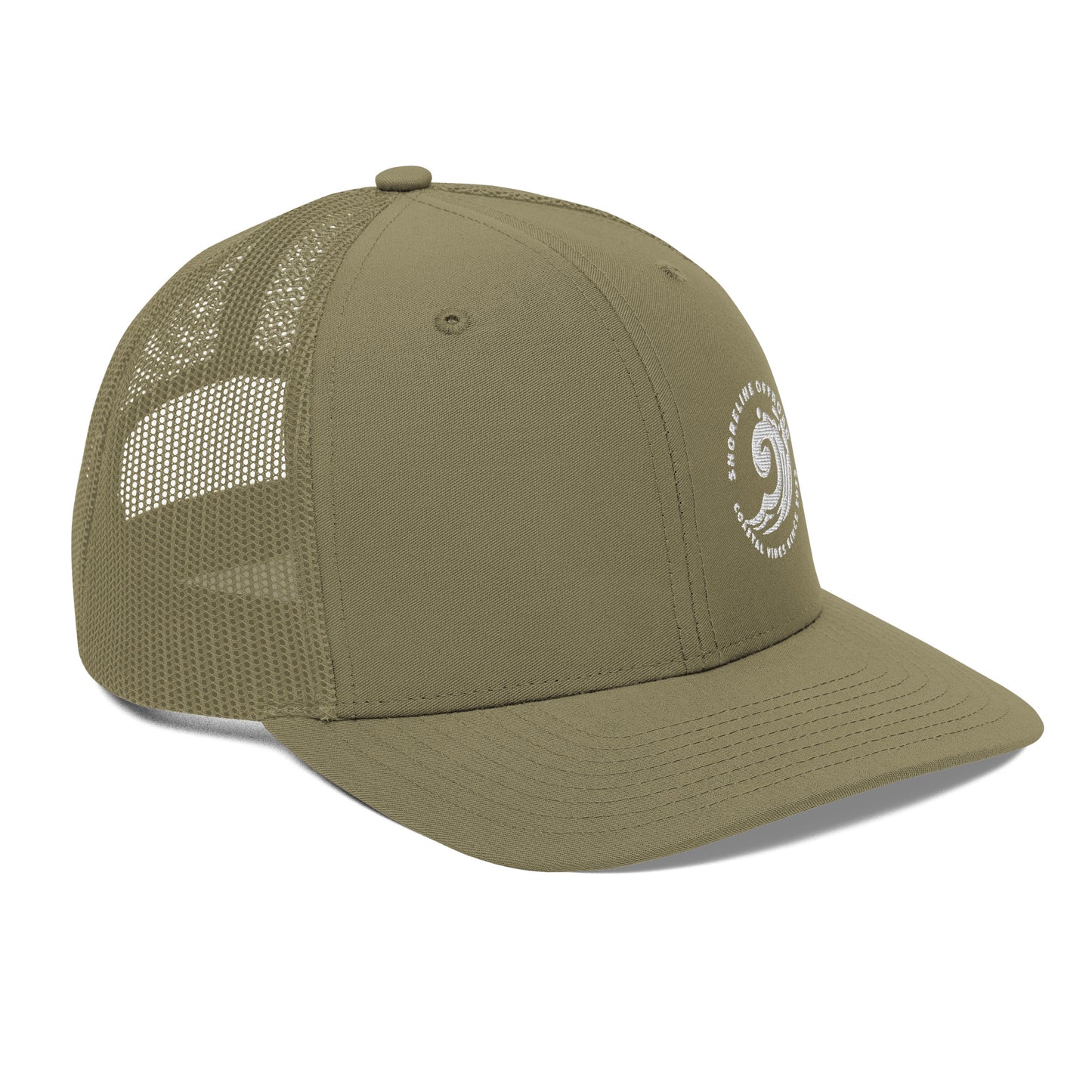 a khaki green hat with a white logo
