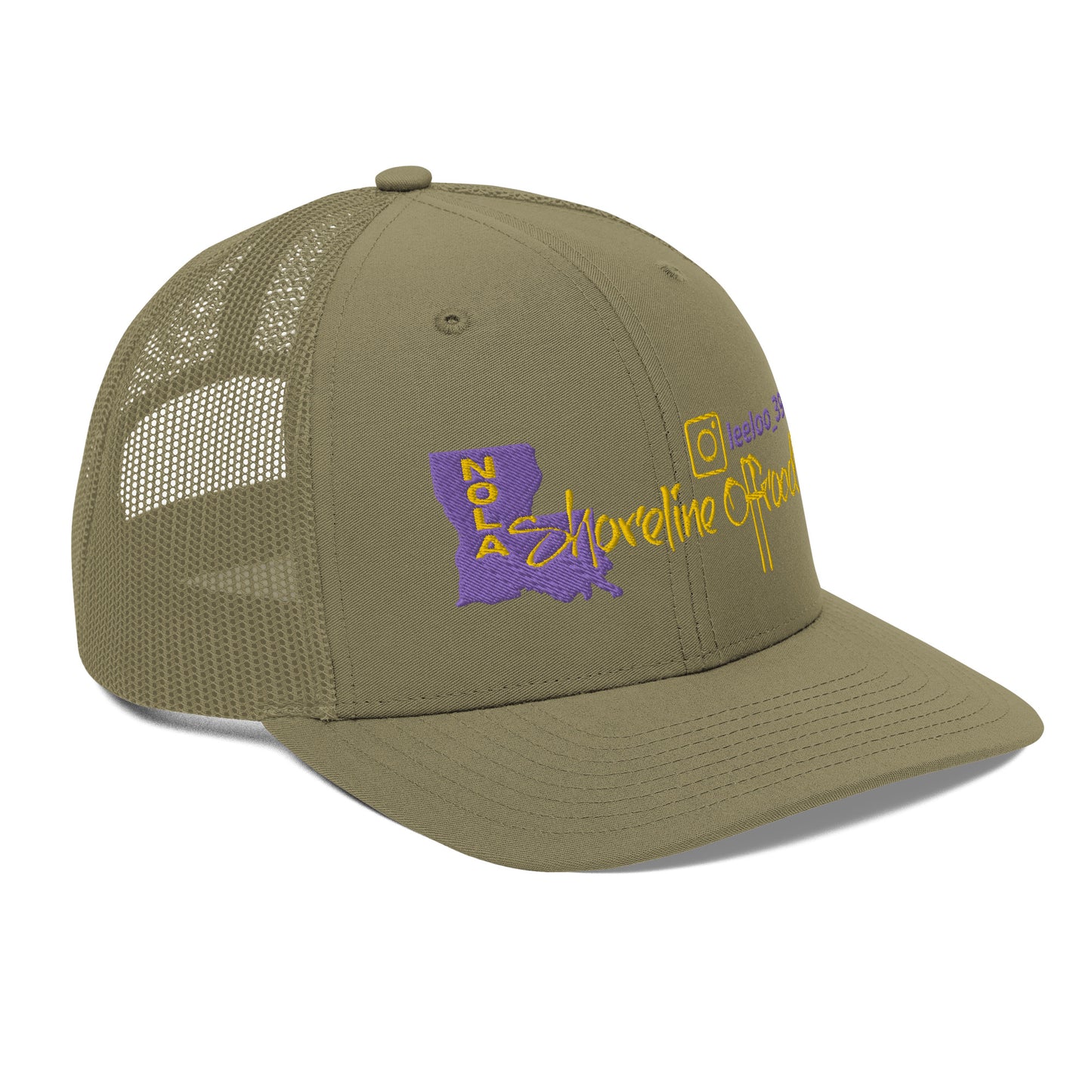 a khaki trucker hat with a purple and yellow logo