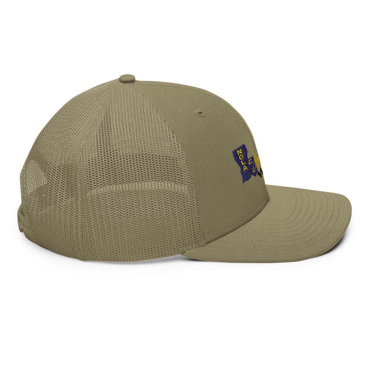 a khaki colored hat with a patch on the front of it