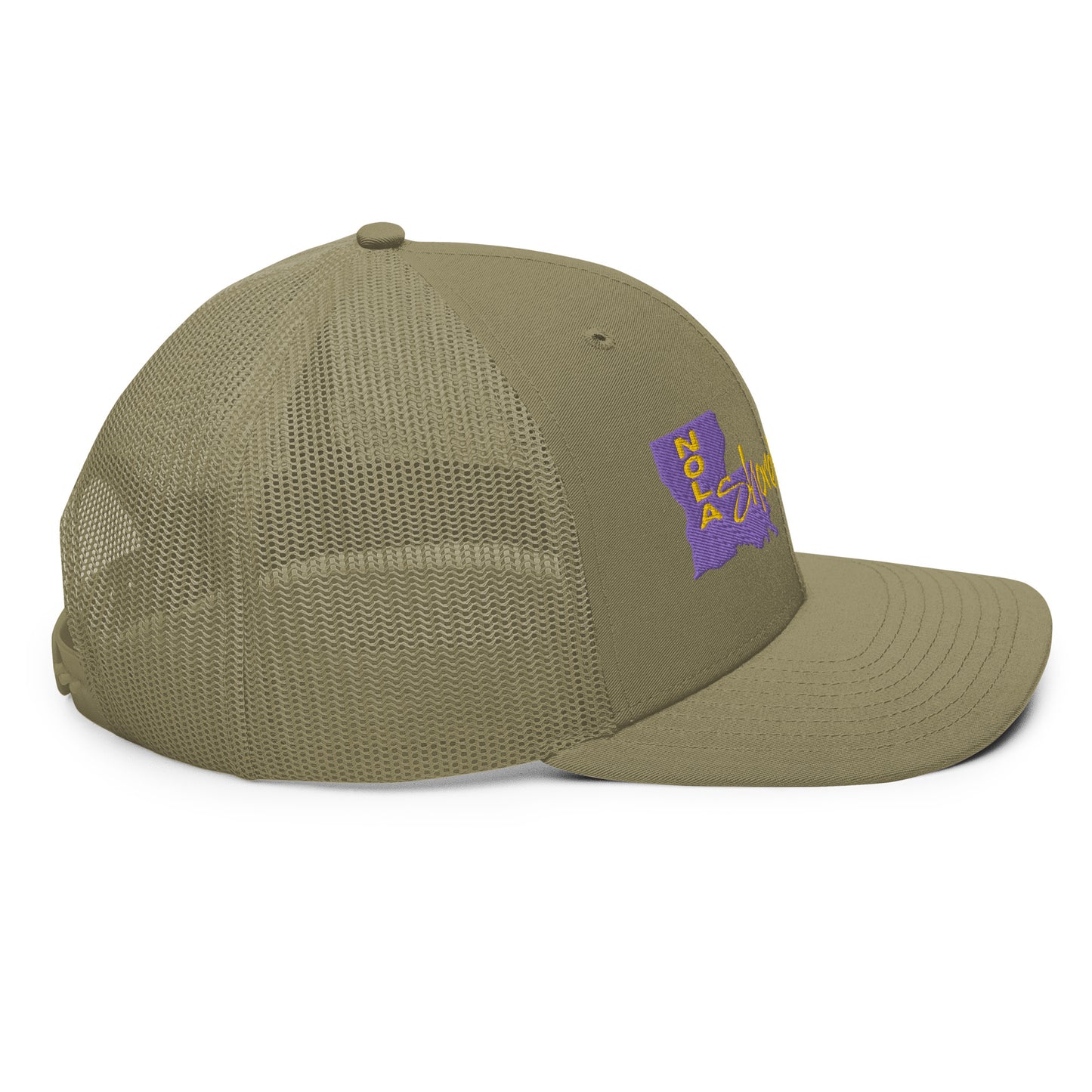 a khaki trucker hat with a purple and yellow logo