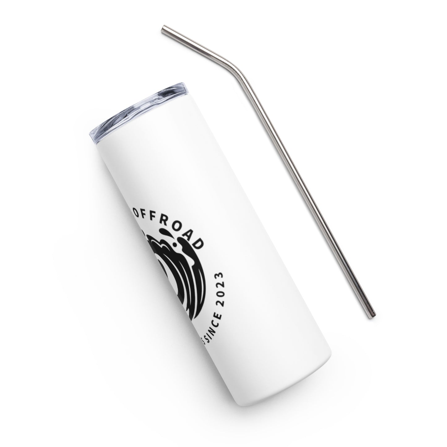 a white tumbler with a metal straw sticking out of it