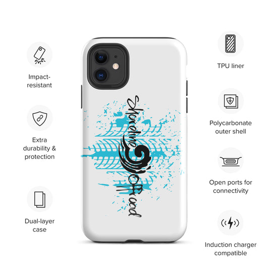 a white phone case with a blue and black design
