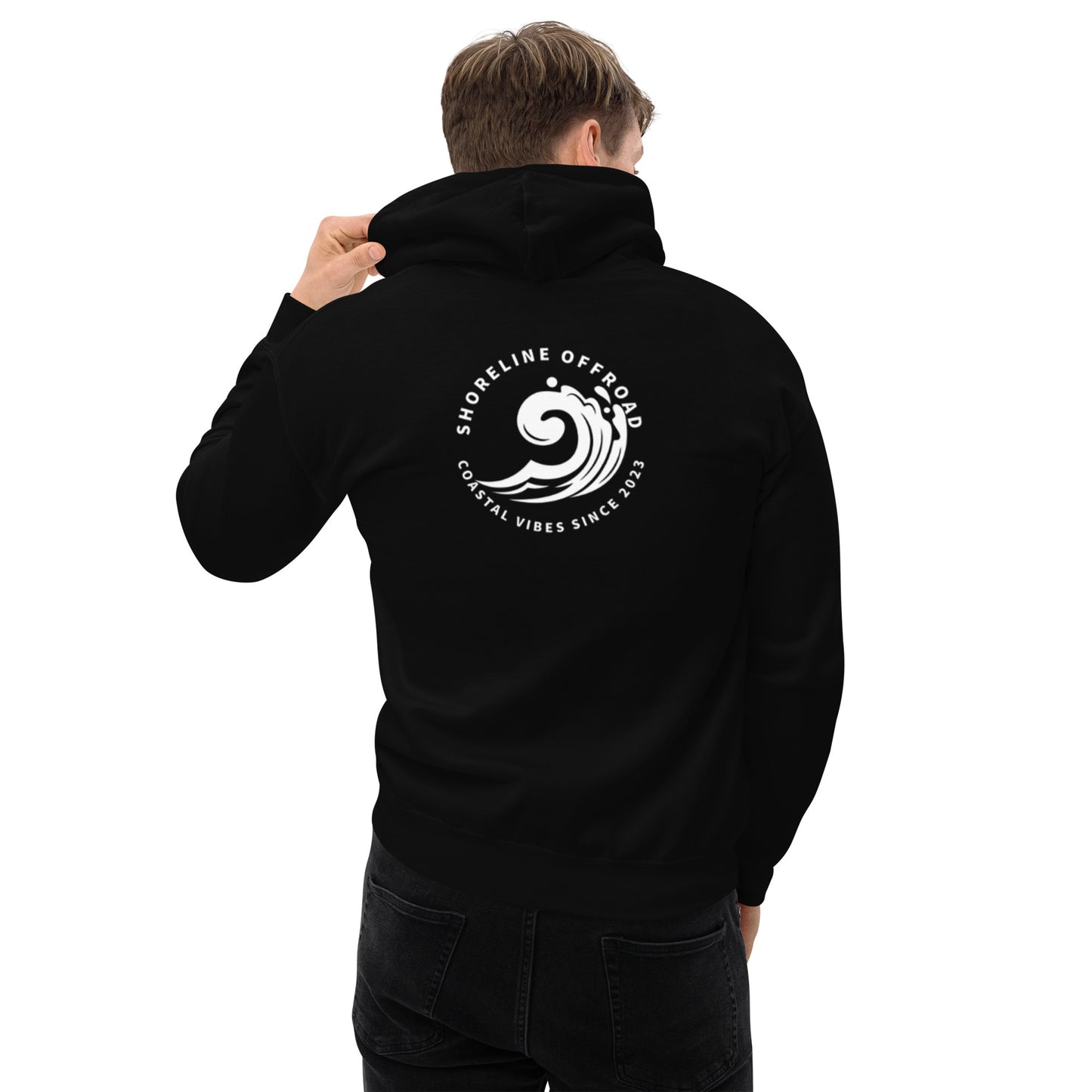 a man wearing a black hoodie with a white logo on it