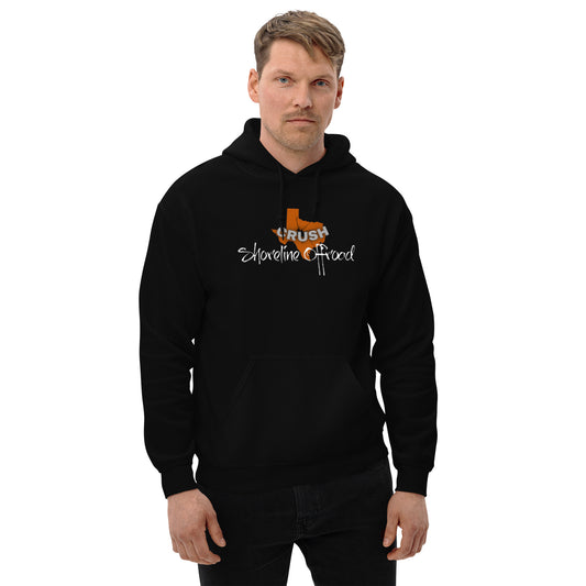 a man wearing a black hoodie with a orange cross on it