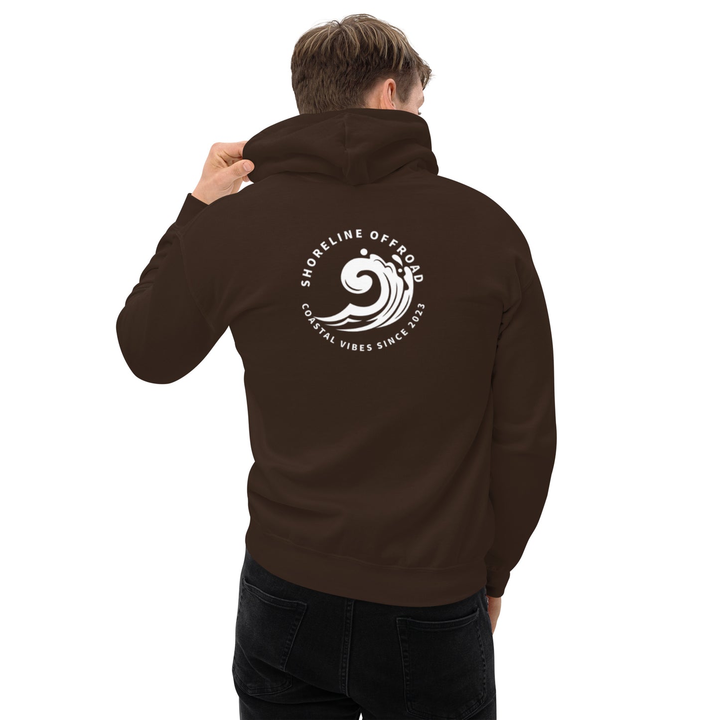 a man wearing a brown hoodie with a white logo on it