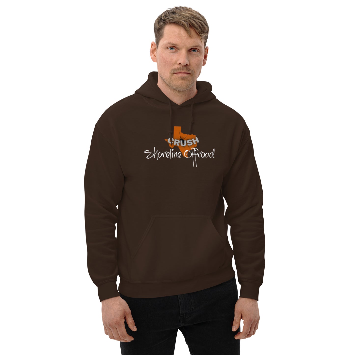 a man wearing a brown hoodie with a cross on it