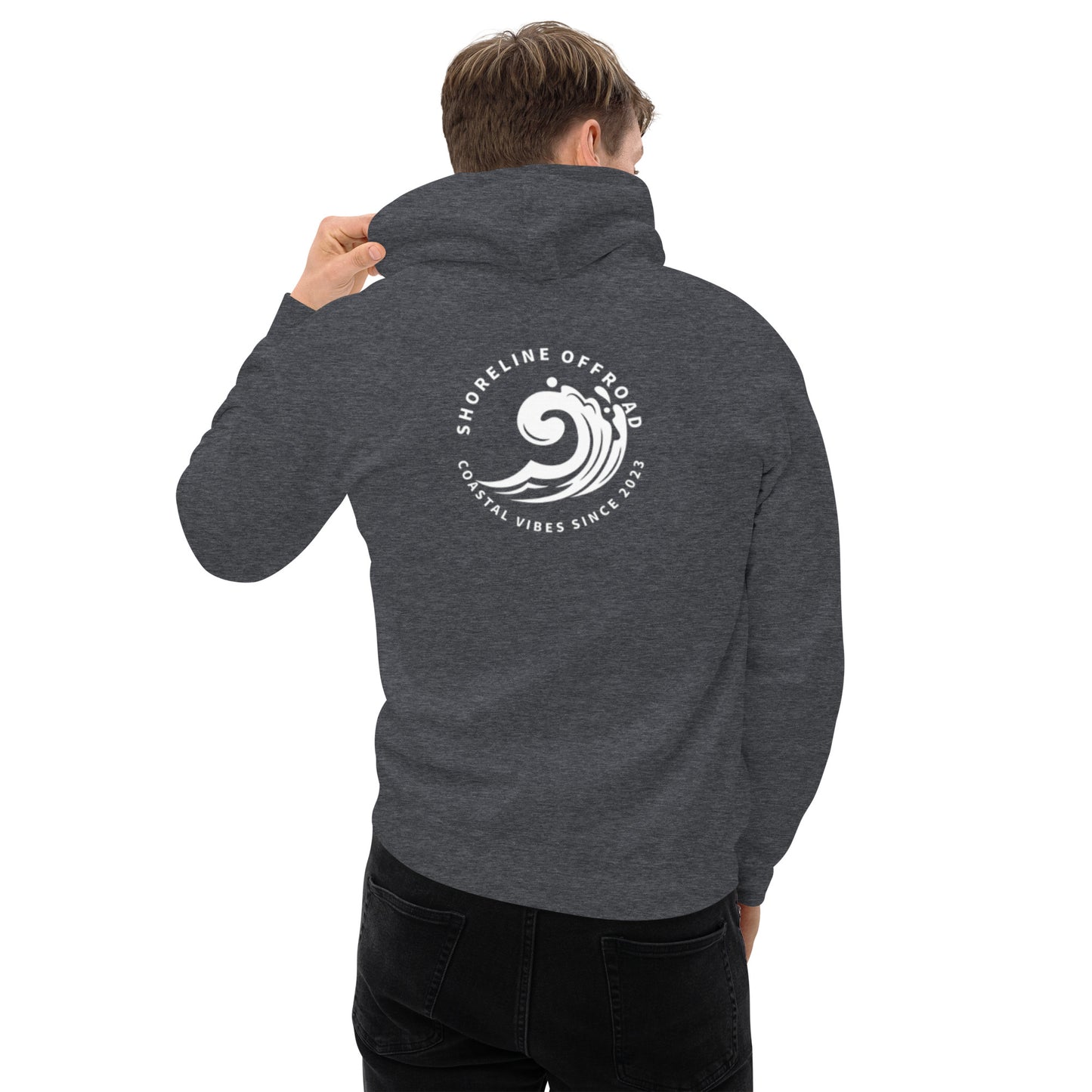 a man wearing a hoodie with a white logo on it