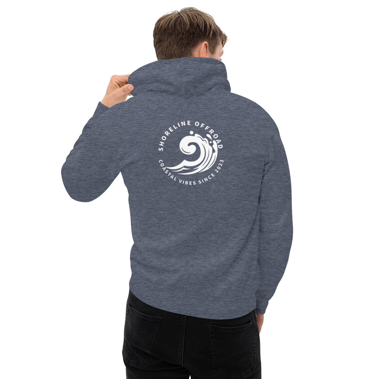 a man wearing a hoodie with a white logo on it