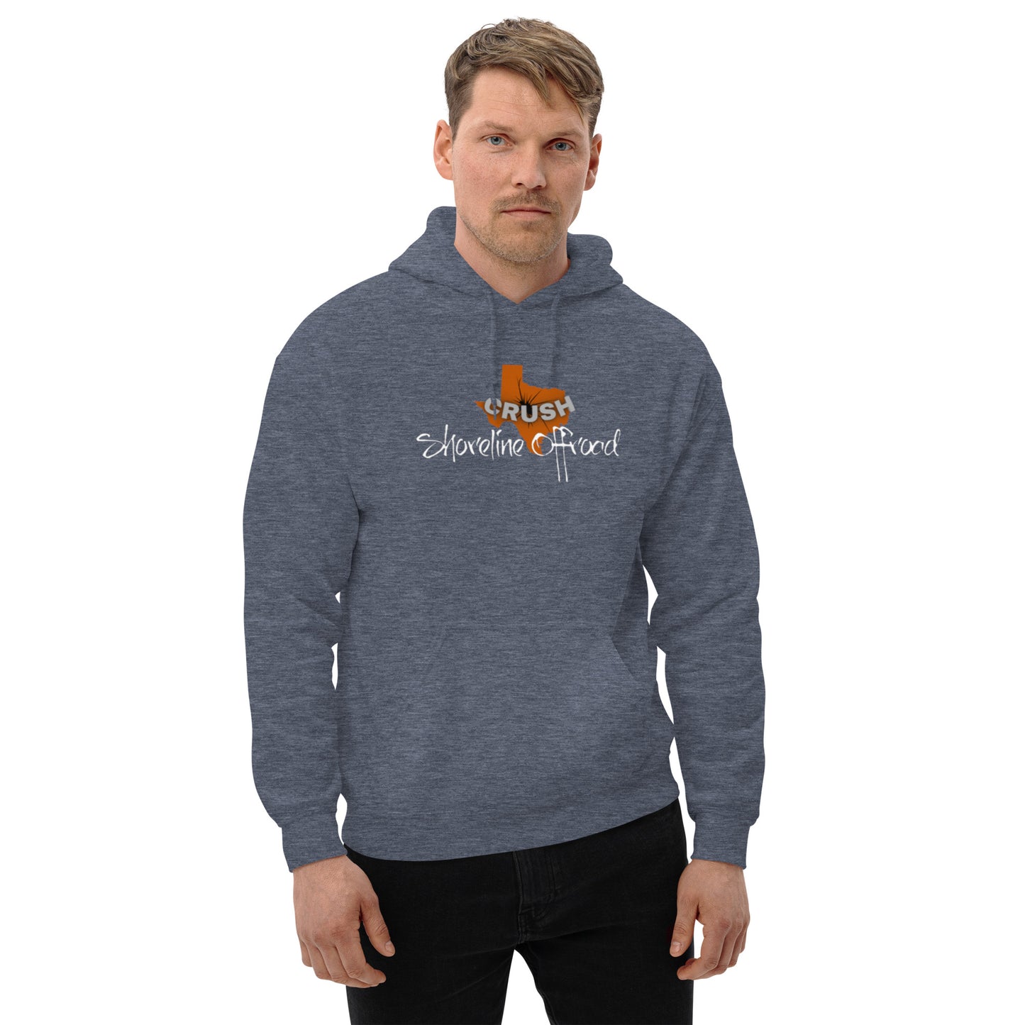a man wearing a blue sweatshirt with the words, church, salvation, and a