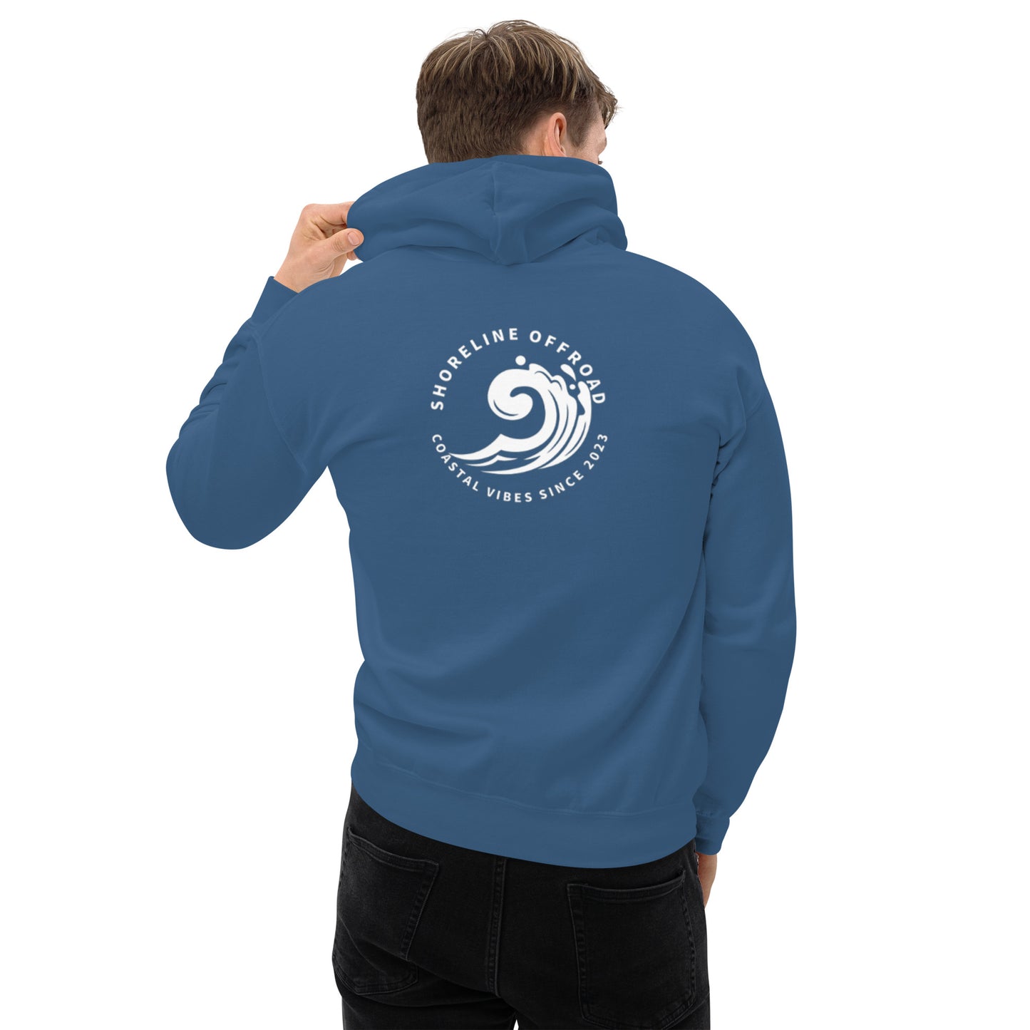 a man wearing a blue hoodie with a white wave on it