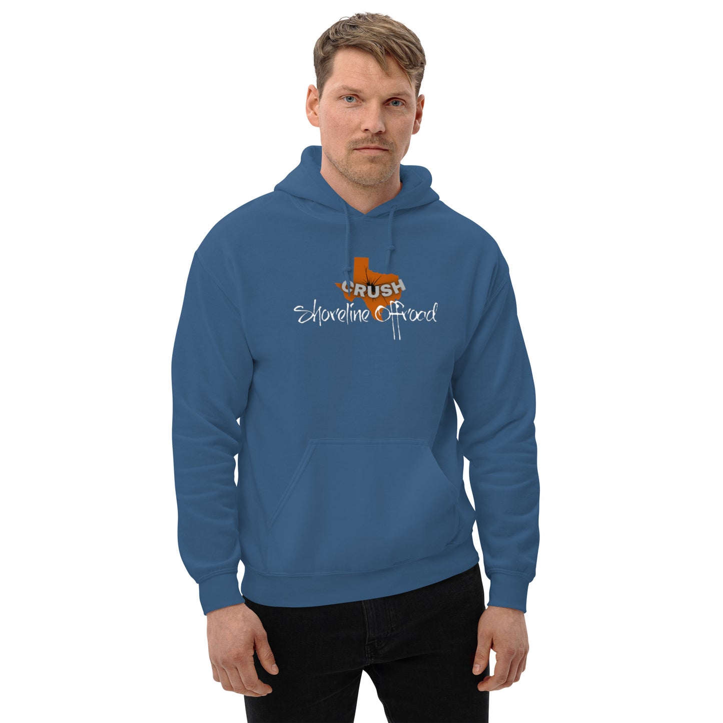 a man wearing a blue hoodie with the words, jesus is the shepherd of