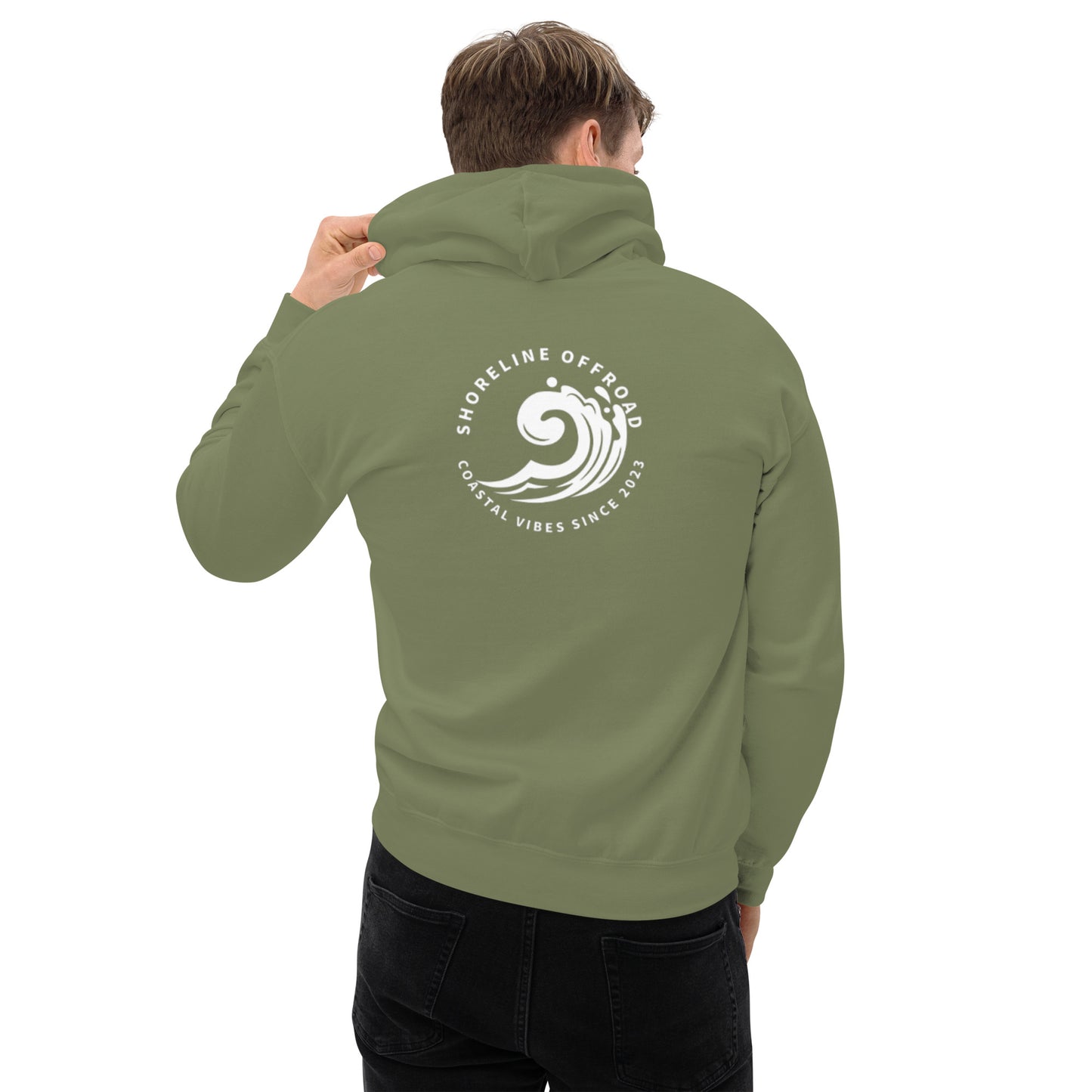 a man wearing a green hoodie with a white logo on it