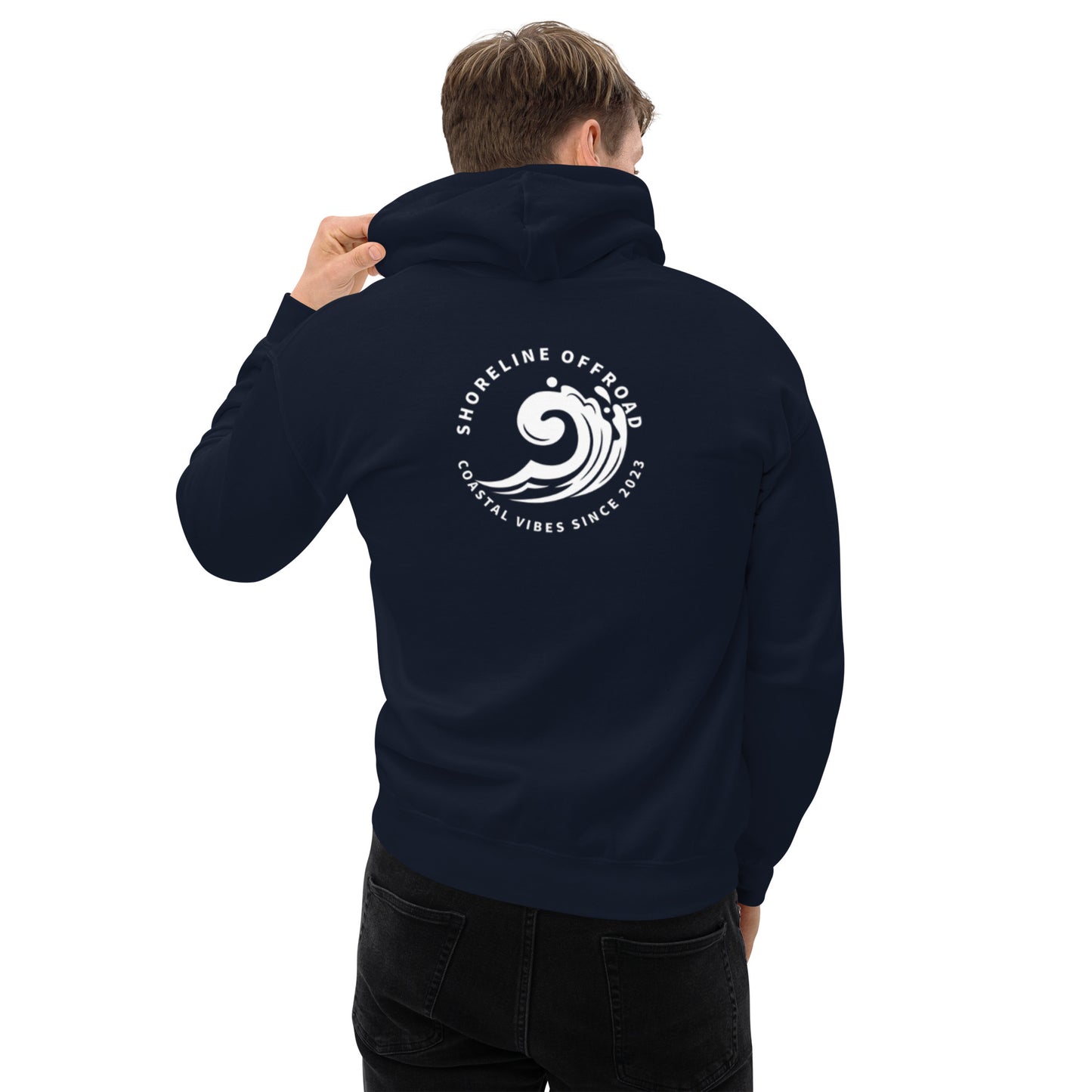 the back of a man wearing a blue hoodie