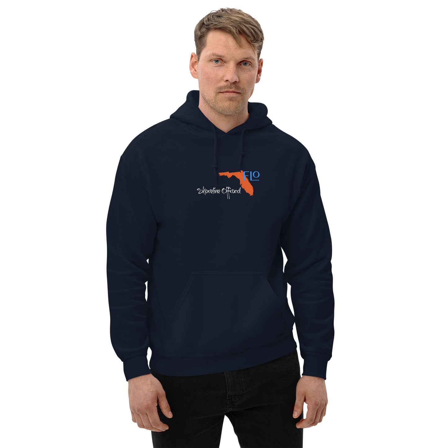 a man wearing a blue hoodie with a gun on it