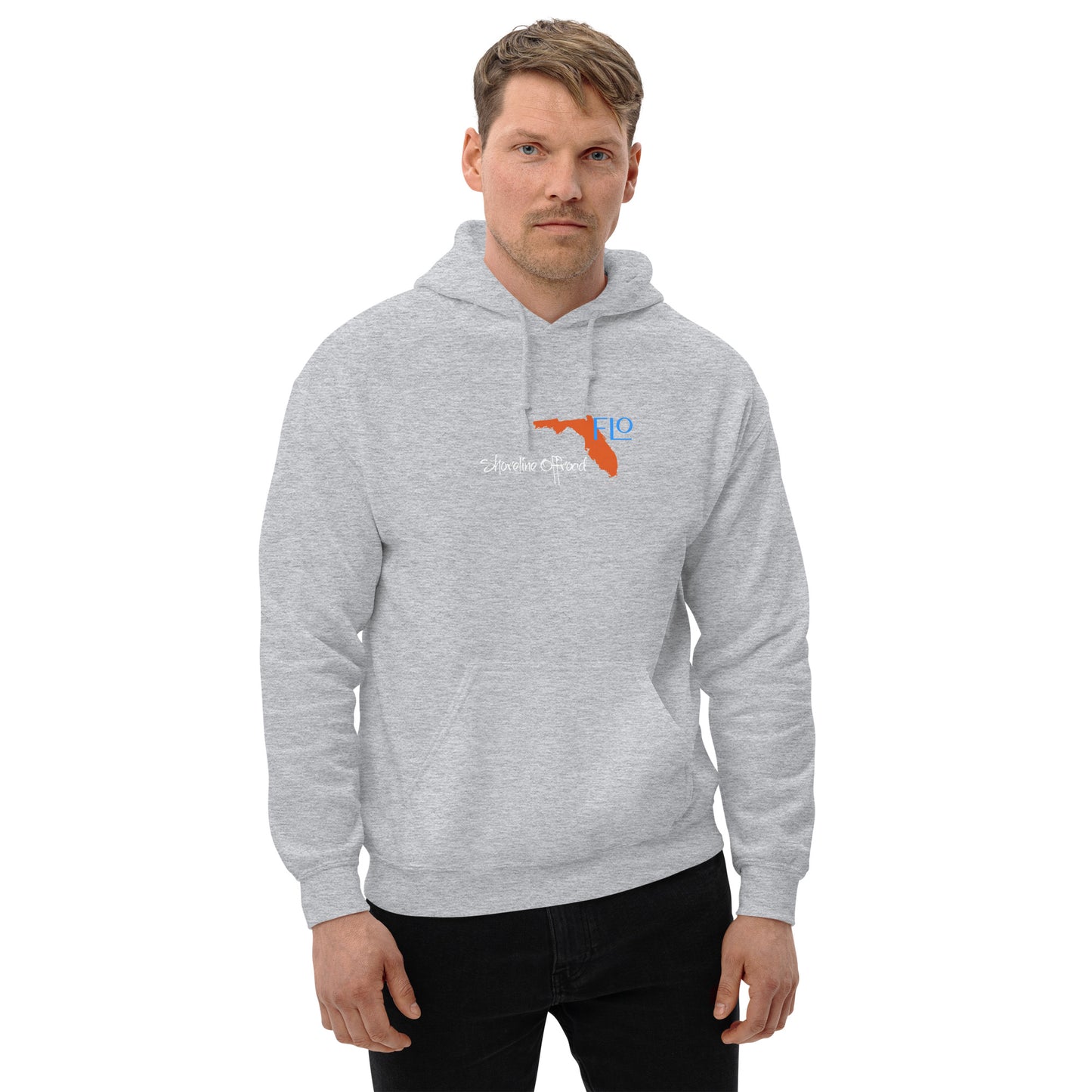 a man wearing a grey hoodie with an orange bird on it