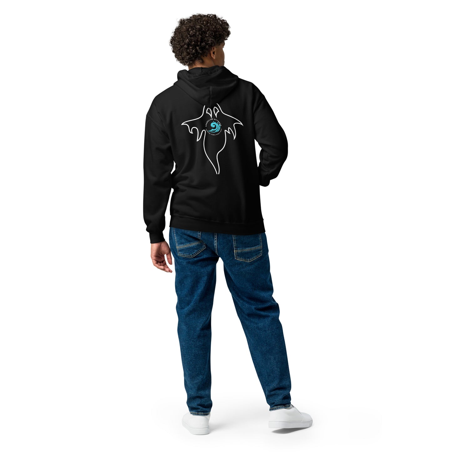 a young man wearing a black hoodie with a picture of a bat on it