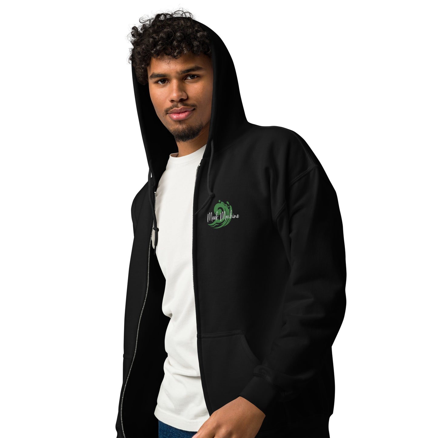 a man wearing a black hoodie with a green logo on it