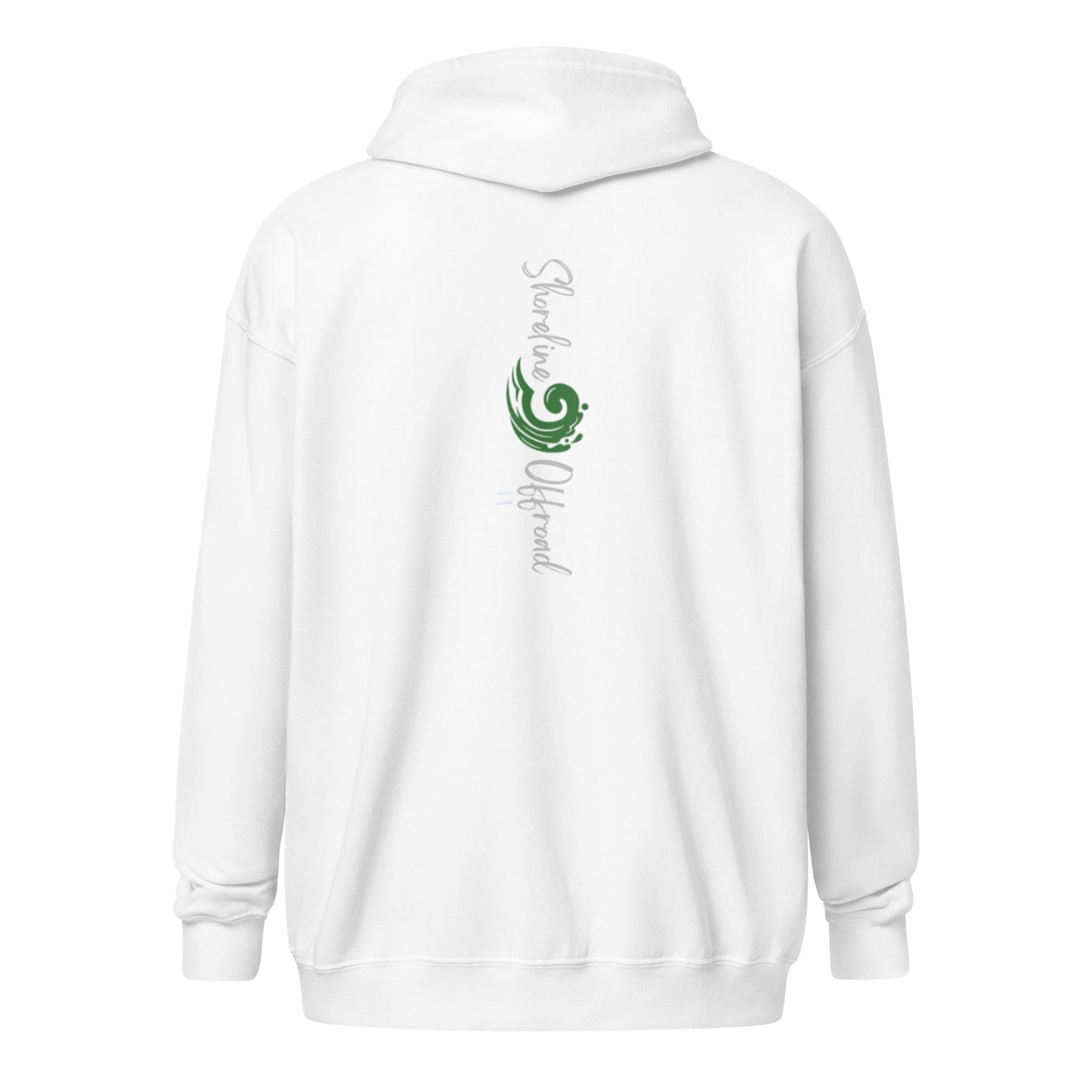 a white hoodie with a green logo on it