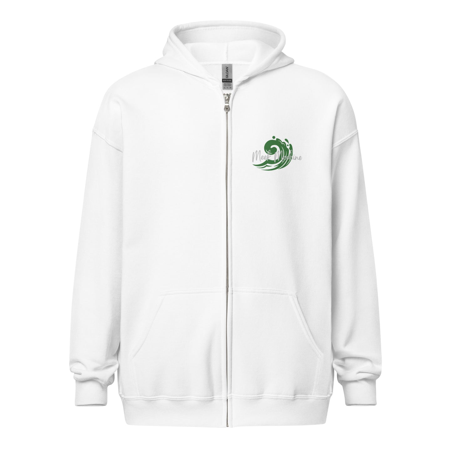 a white hoodie with a green logo on it