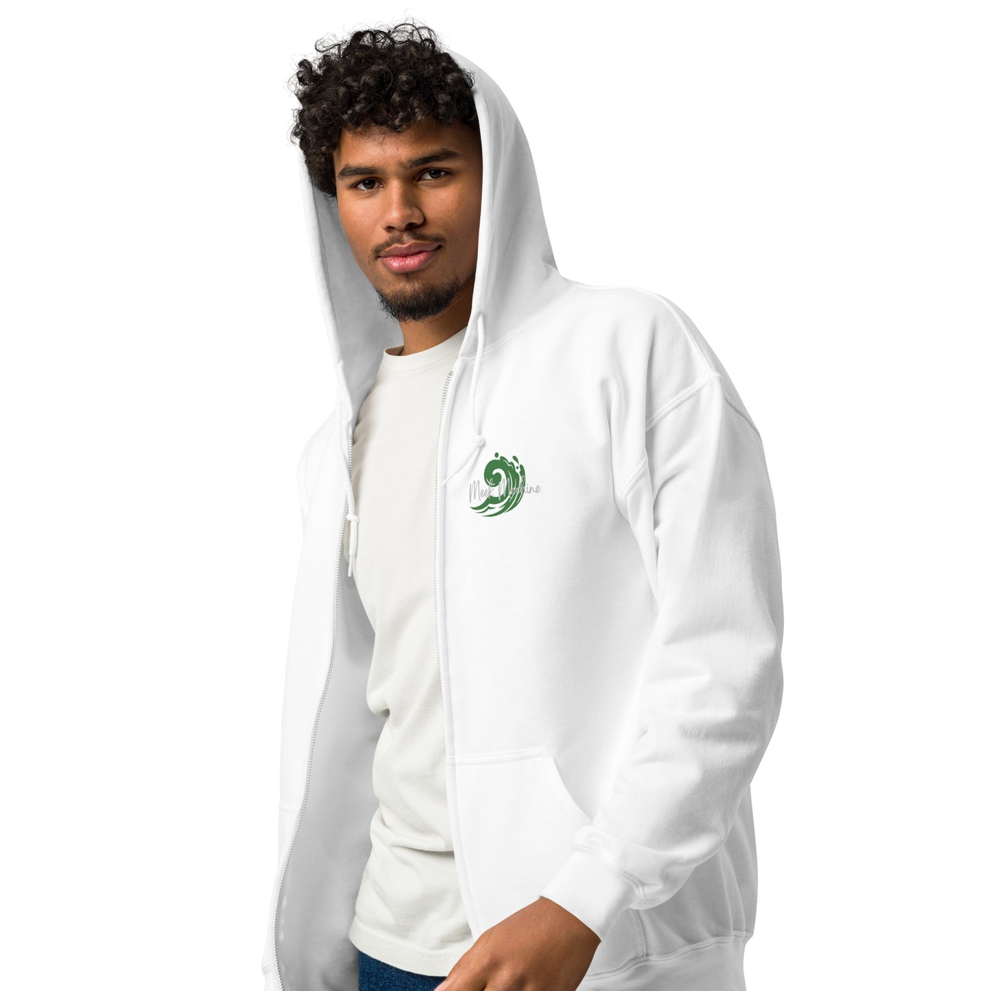 a man wearing a white hoodie with a green logo