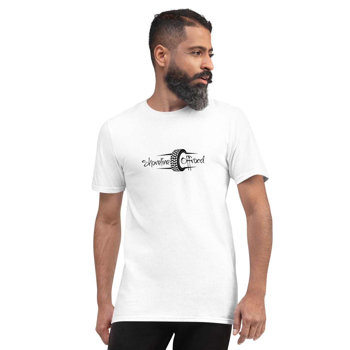 a man with a beard wearing a white t - shirt