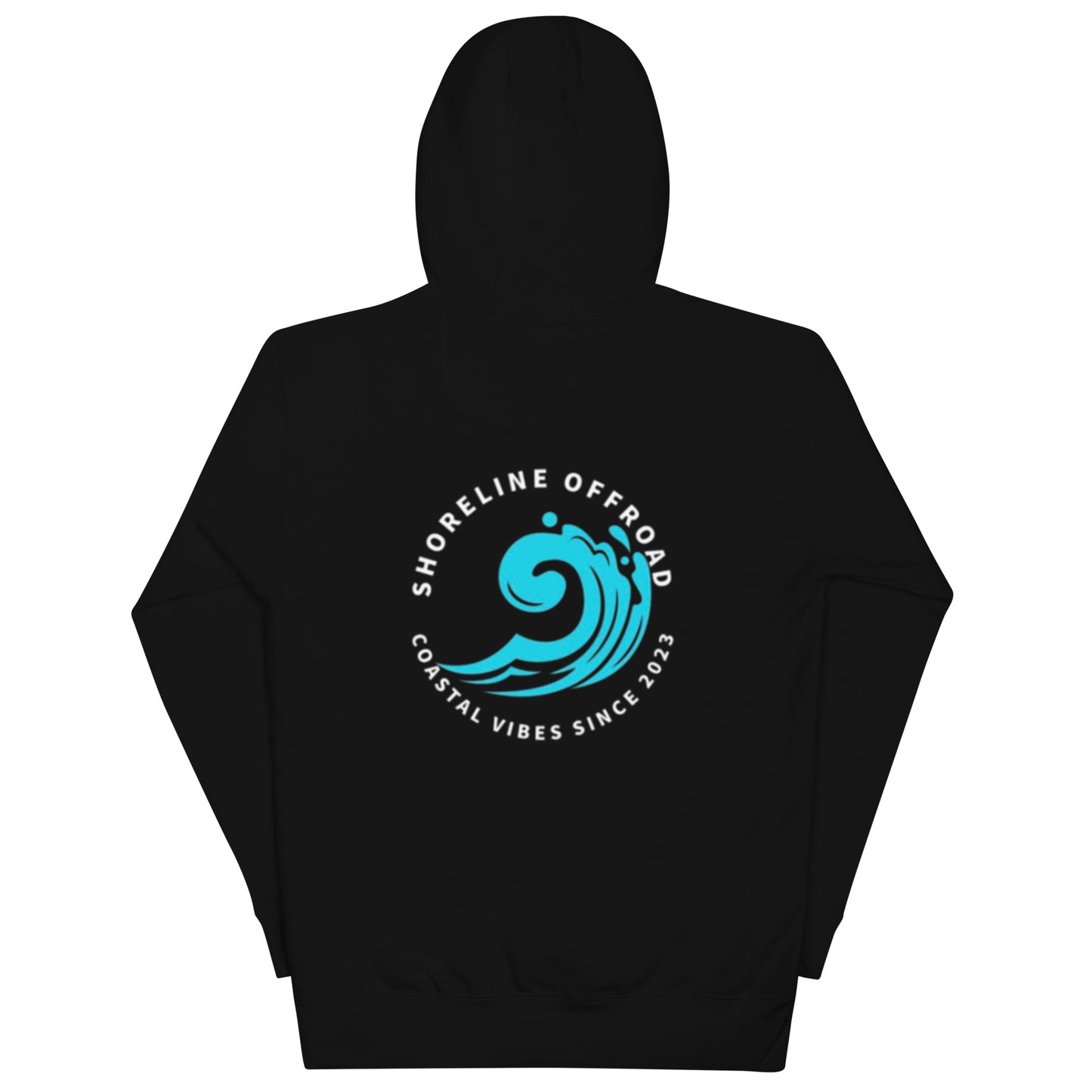a black hoodie with a blue and white logo